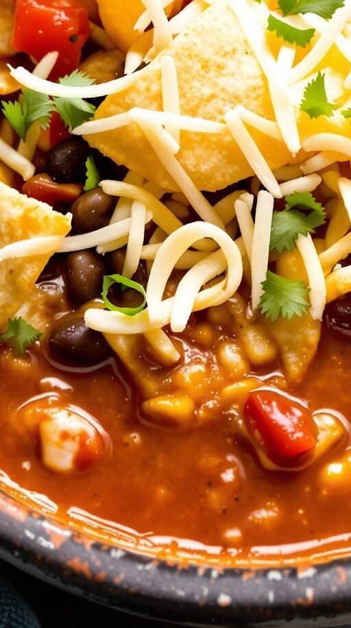 A bowl of taco soup topped with tortilla chips, cheese, and cilantro.