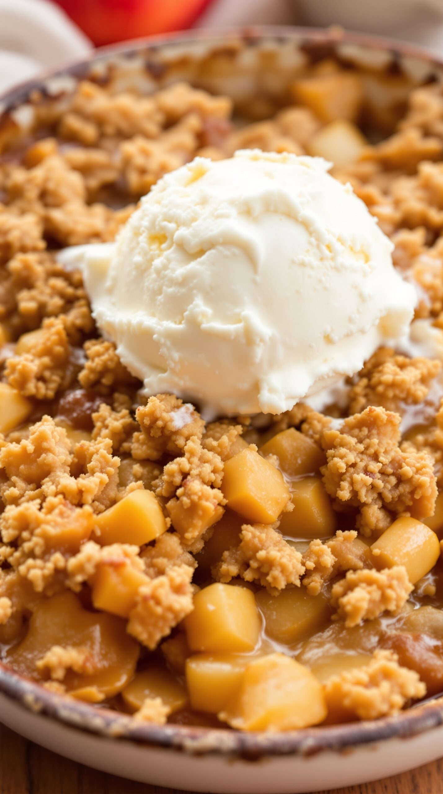 A warm apple crisp topped with a scoop of vanilla ice cream, showcasing baked apples and a crunchy topping.