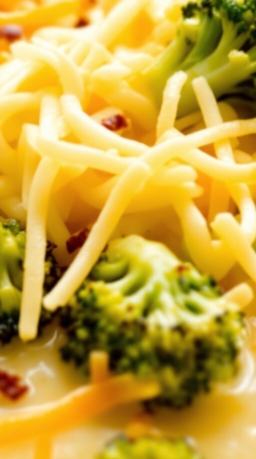 A bowl of cheesy broccoli potato soup topped with shredded cheese and broccoli florets.