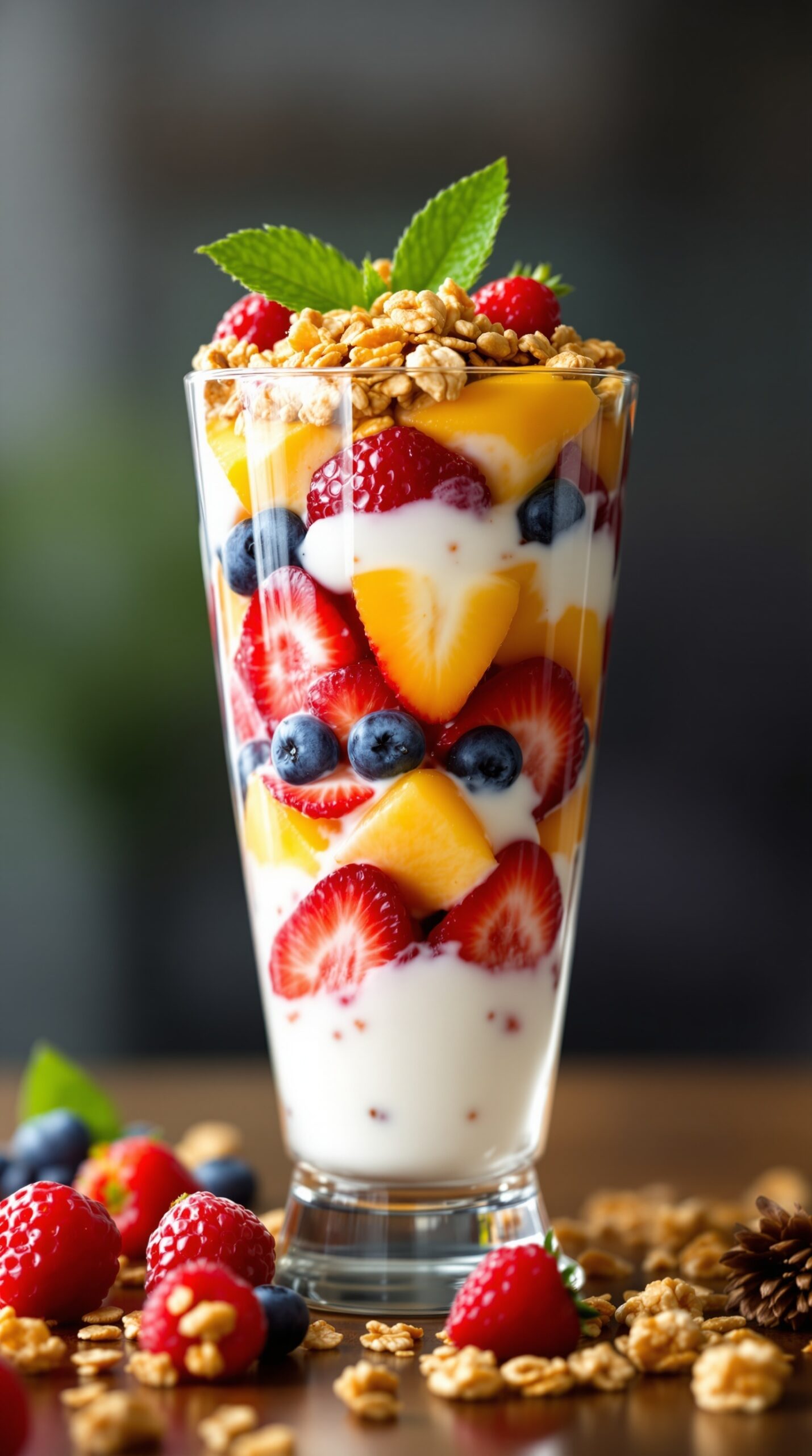 A colorful fruit and yogurt parfait with layers of strawberries, blueberries, mango, and granola in a glass.