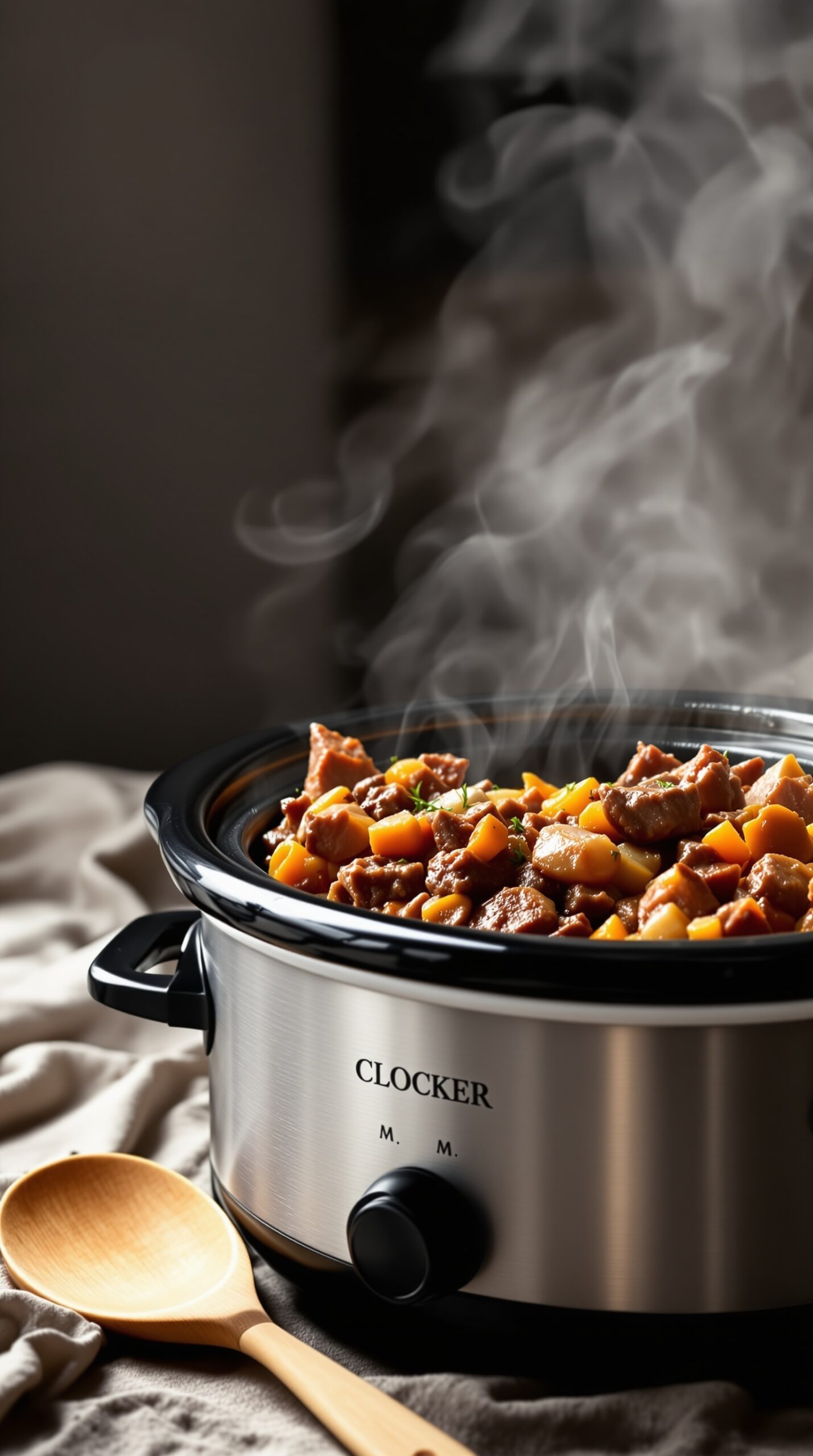 A slow cooker filled with steaming beef stew, featuring chunks of beef and vegetables.