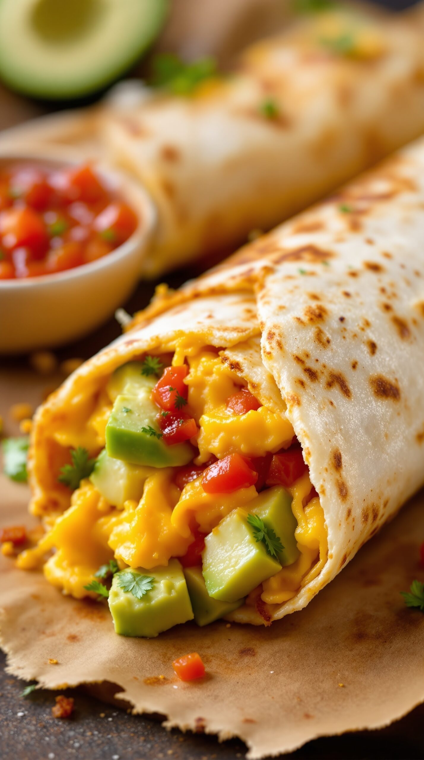 A delicious breakfast burrito filled with scrambled eggs, cheese, avocado, and tomatoes, served with salsa.