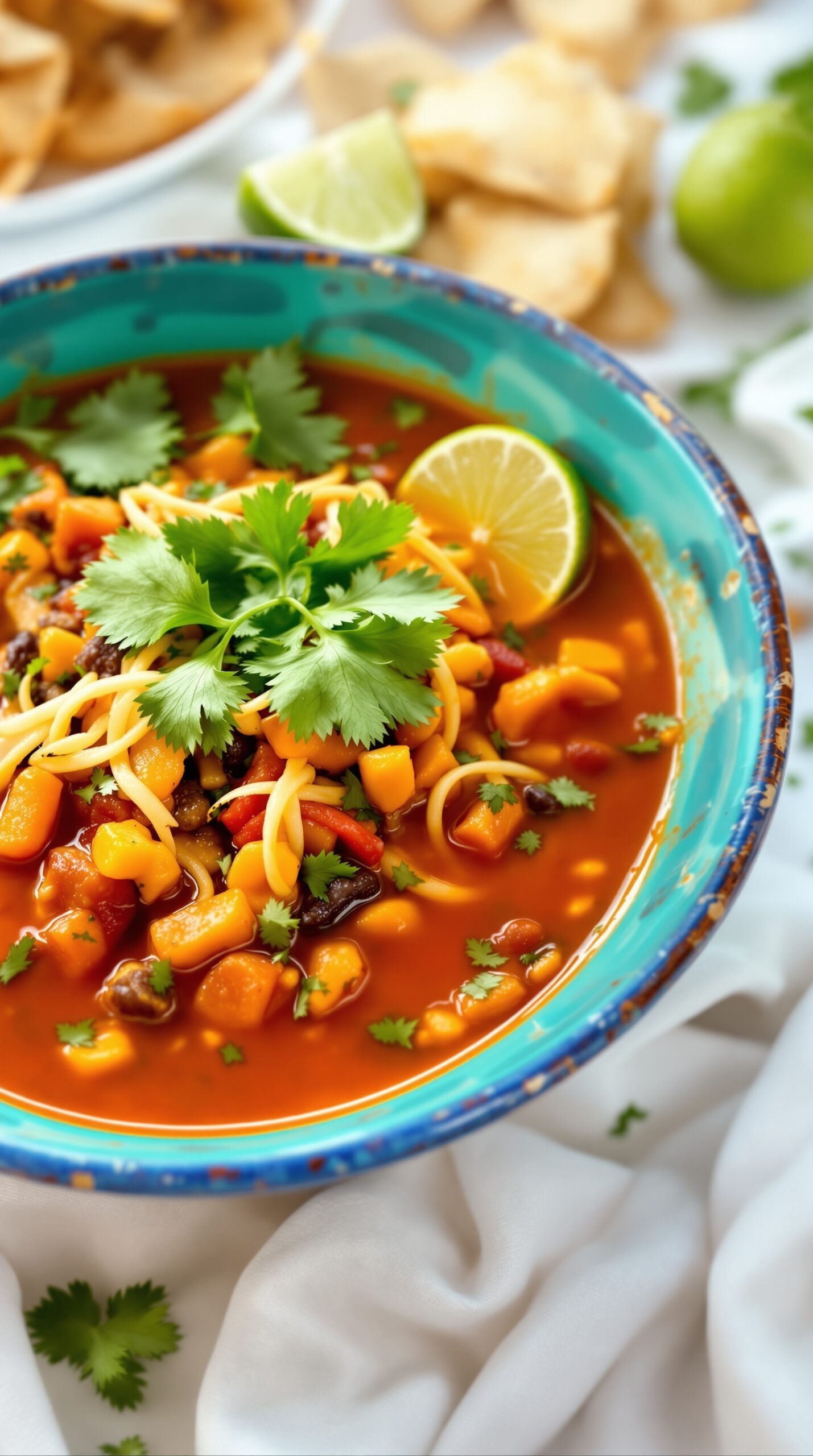 A vibrant bowl of taco soup topped with cilantro and lime slices, surrounded by tortilla chips.