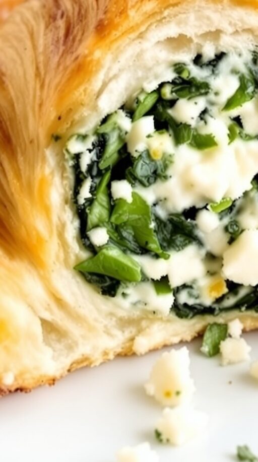 Spinach and Feta Stuffed Croissants on a plate with a side of dipping sauce
