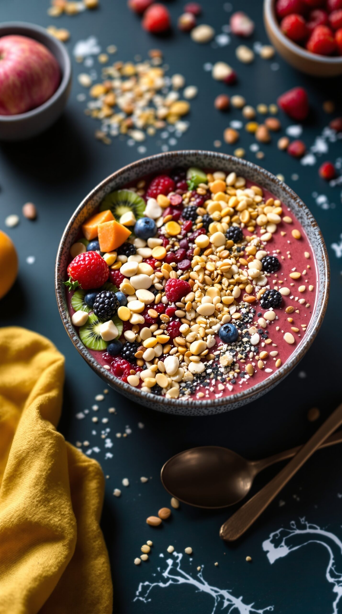 A colorful smoothie bowl topped with seeds, nuts, and fresh fruits.