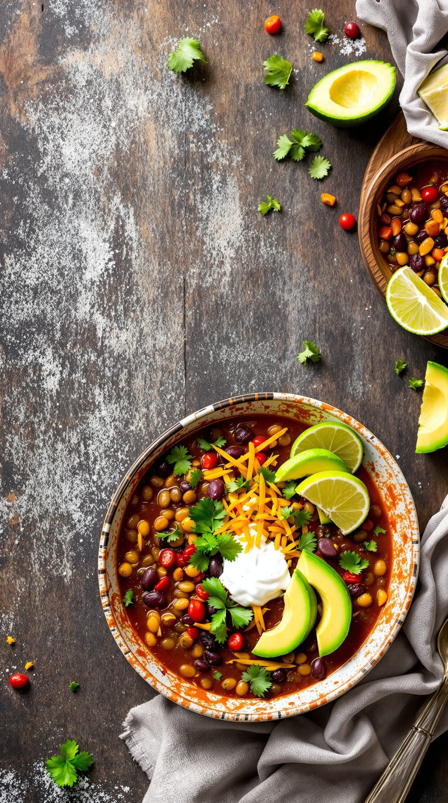 A bowl of vegetarian black bean taco soup topped with avocado, cheese, and lime slices.