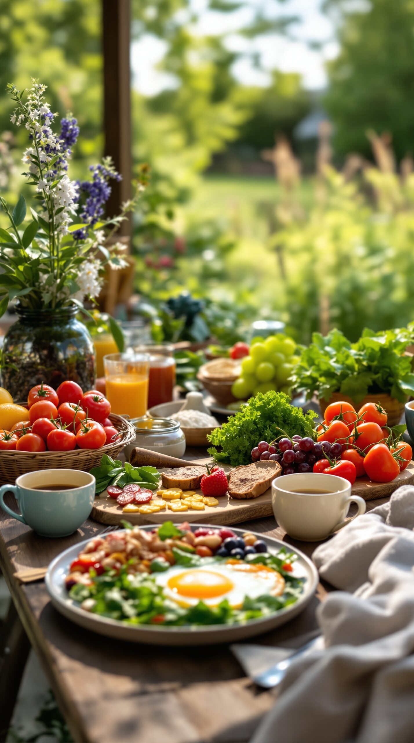 A beautifully arranged breakfast table featuring fresh local ingredients like tomatoes, greens, and eggs.