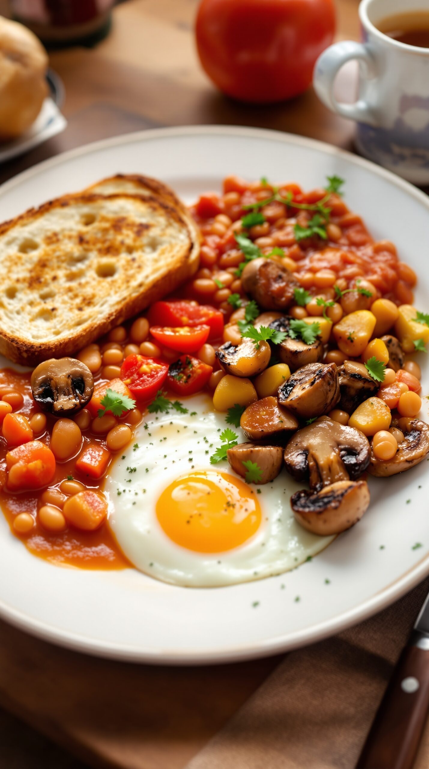 A vegetarian English breakfast featuring baked beans, sautéed mushrooms, grilled tomatoes, a fried egg, and toast.