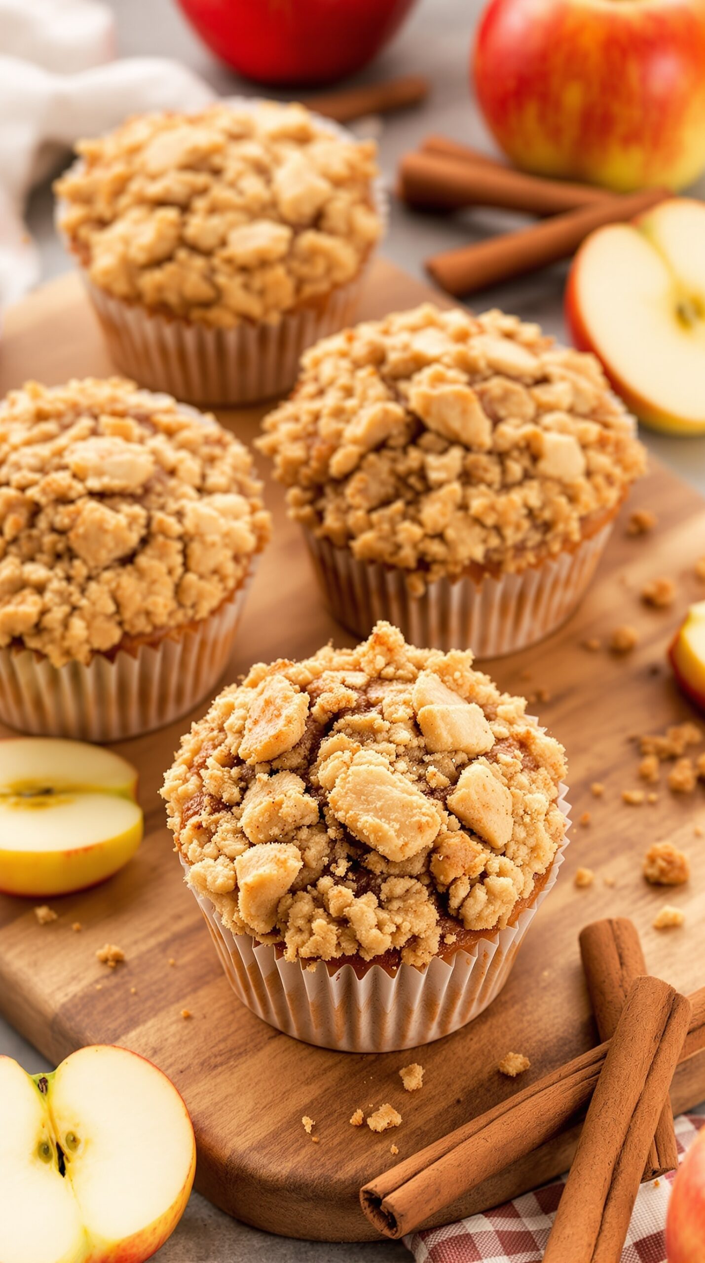 Delicious cinnamon apple muffins with a crumbly topping on a wooden board, surrounded by fresh apples and cinnamon sticks.