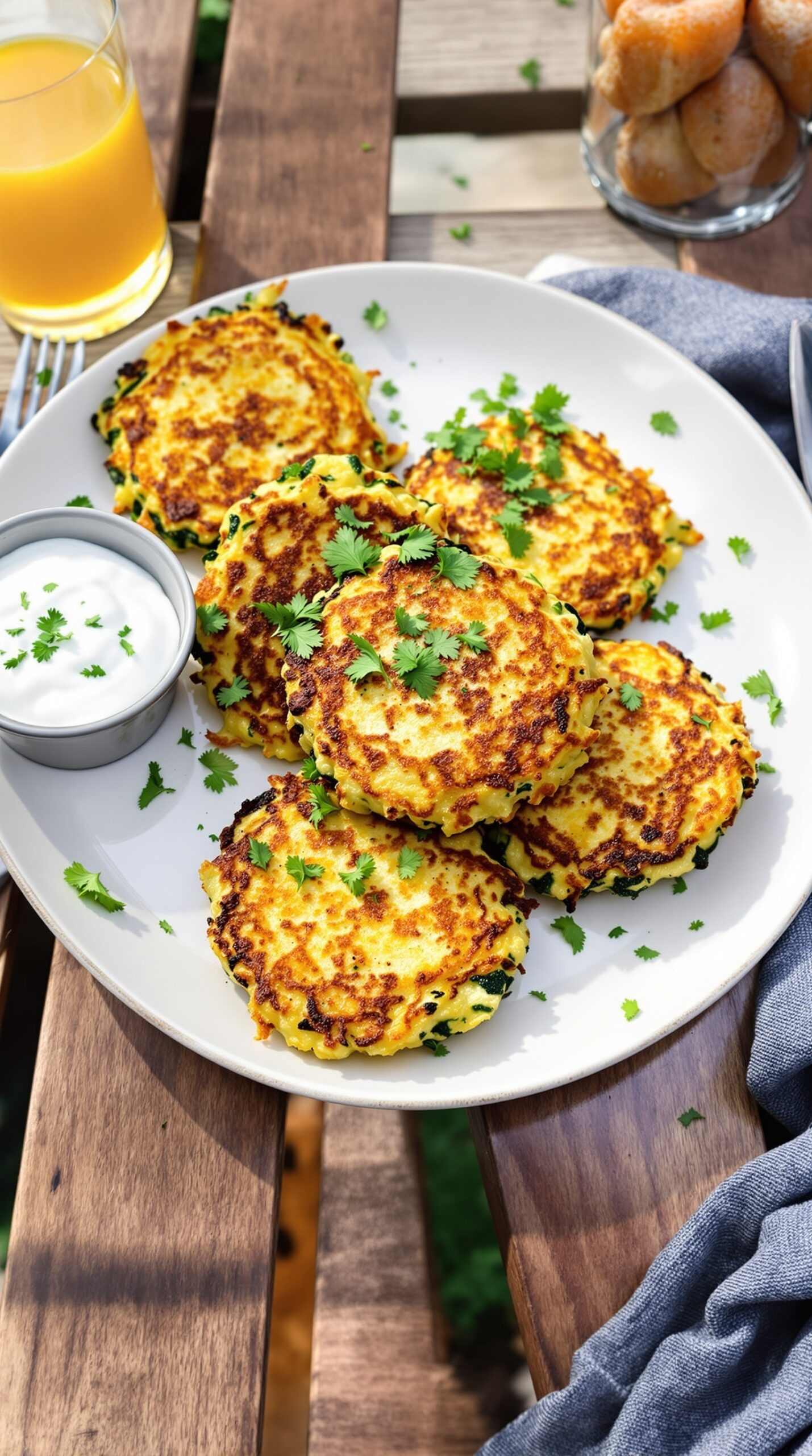 A plate of zucchini fritters garnished with herbs and served with a yogurt dip.