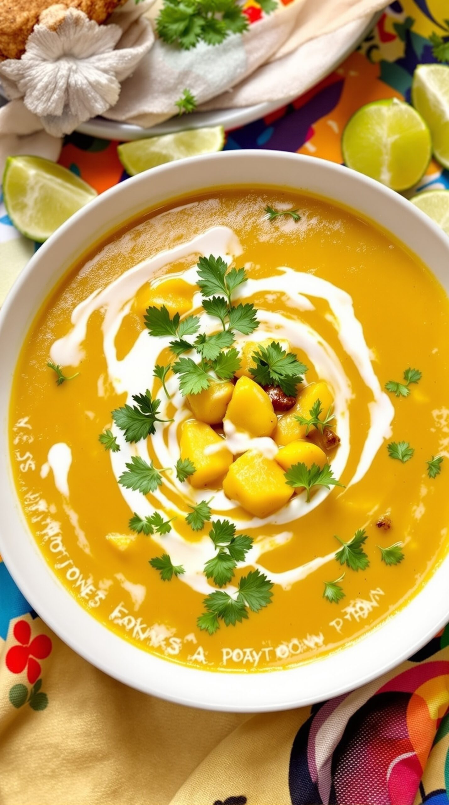 A bowl of curried potato soup with coconut milk, garnished with cilantro and a swirl of cream.
