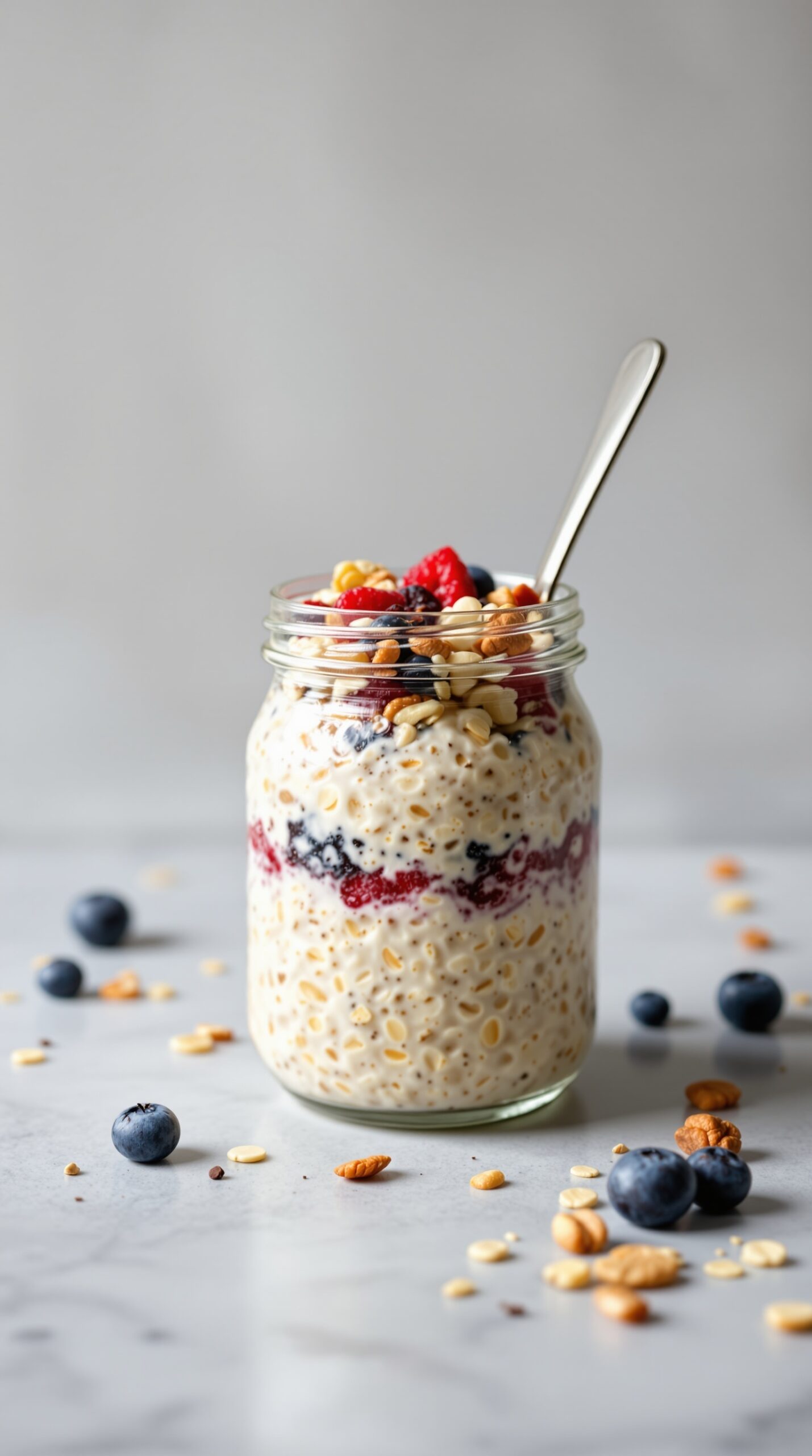 A jar of fruit and nut overnight oats topped with berries and nuts.