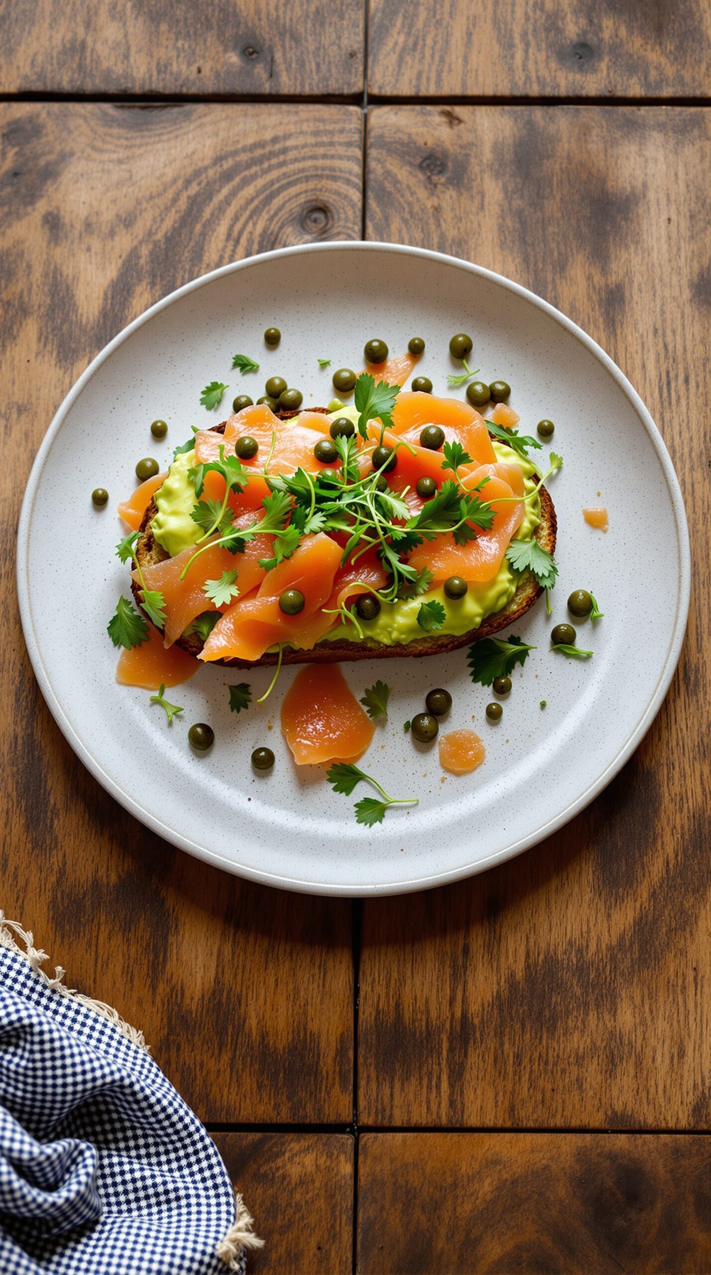 Avocado toast topped with smoked salmon, capers, and fresh herbs on a plate