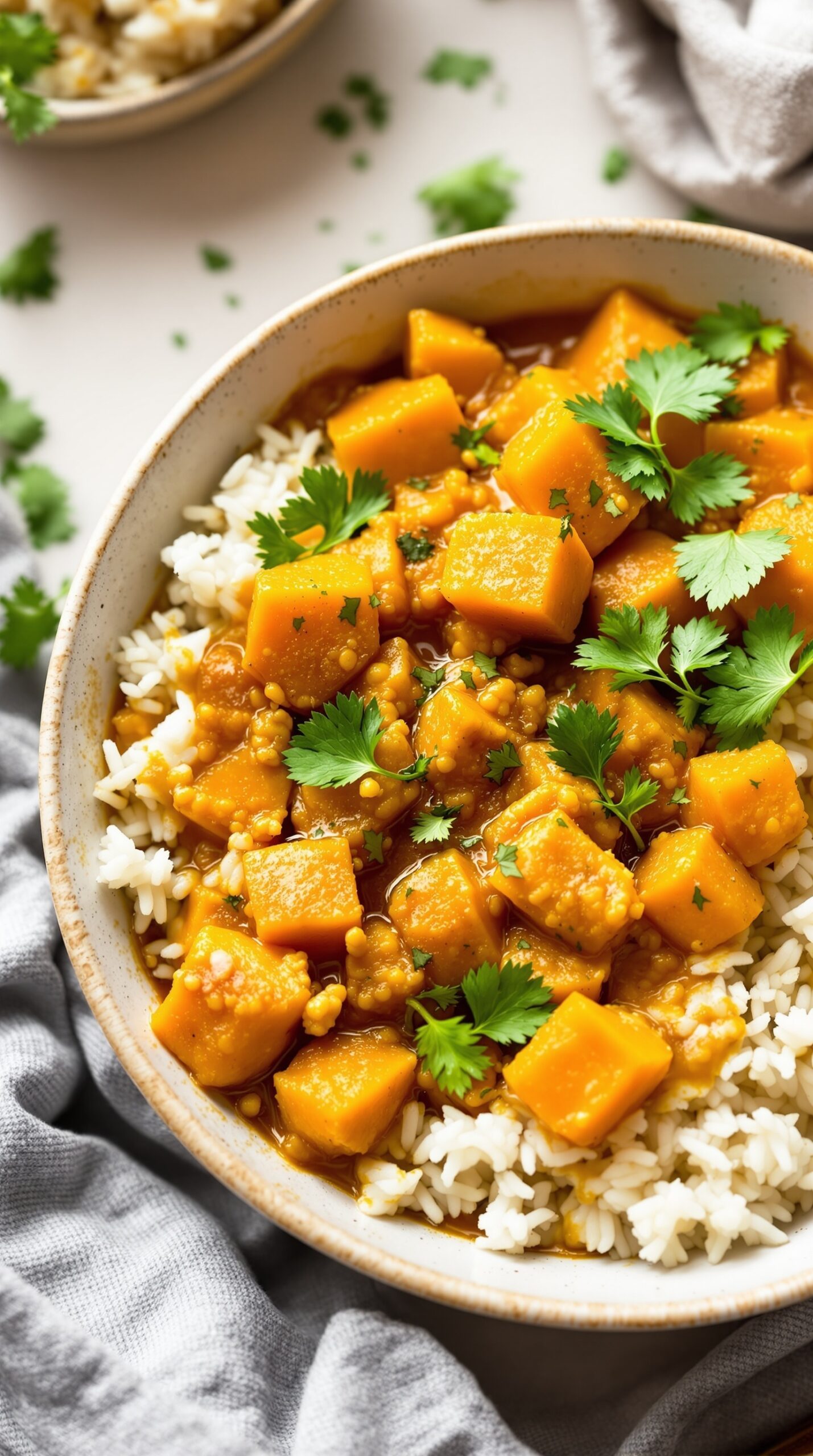 A bowl of butternut squash curry with rice and cilantro.