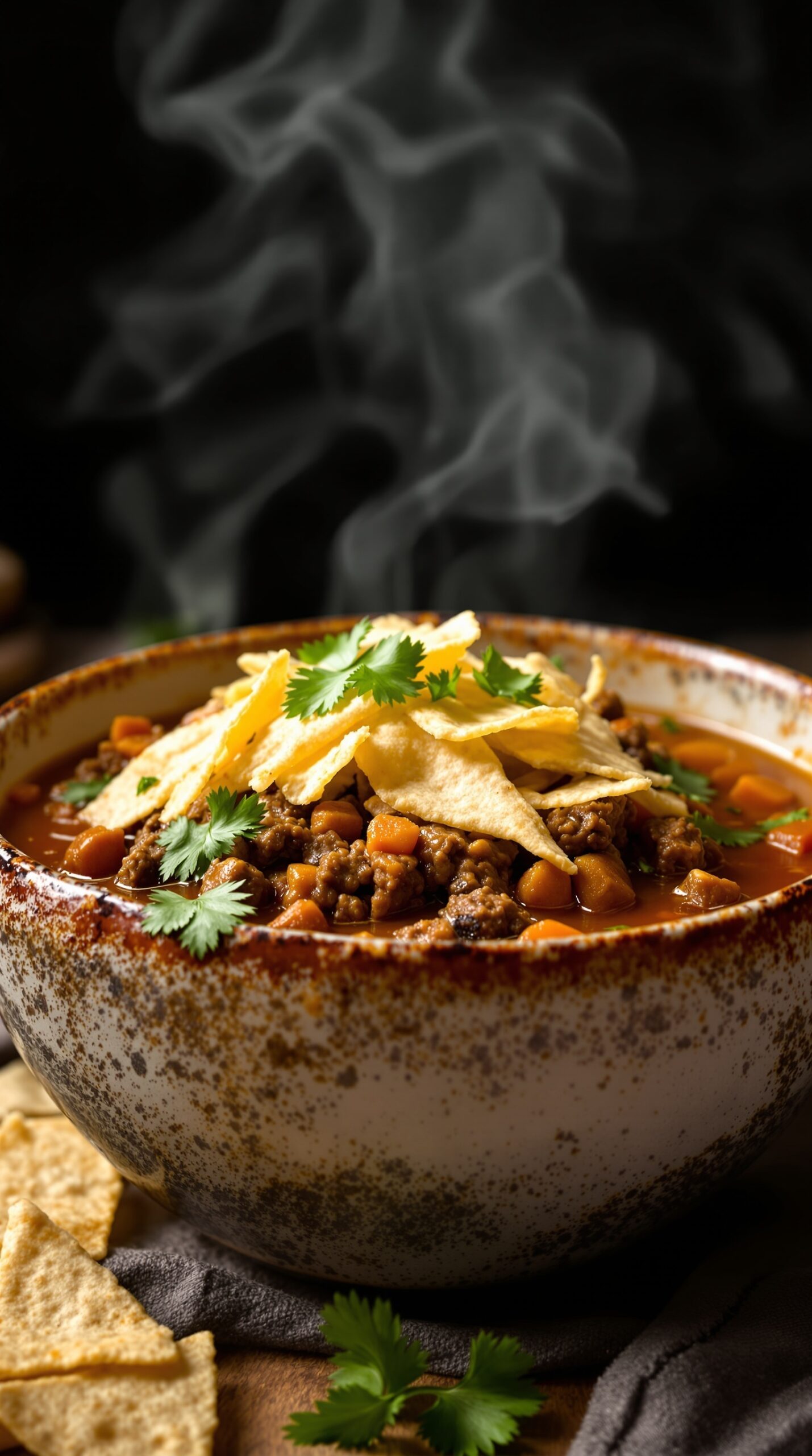 A steaming bowl of hearty ground beef taco soup topped with tortilla strips and cilantro.