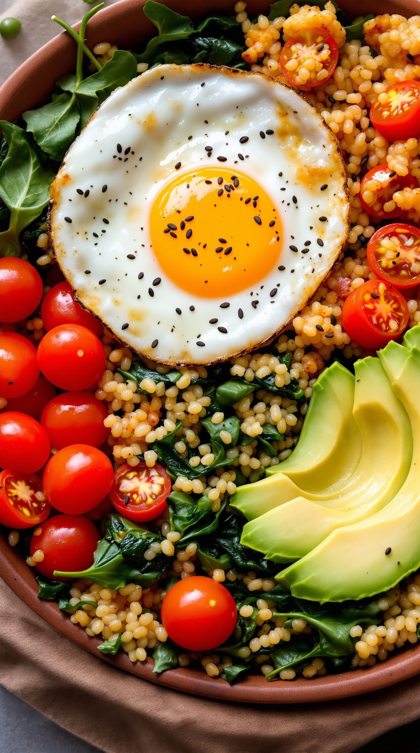 A colorful breakfast quinoa bowl with spinach, cherry tomatoes, avocado, and a fried egg.