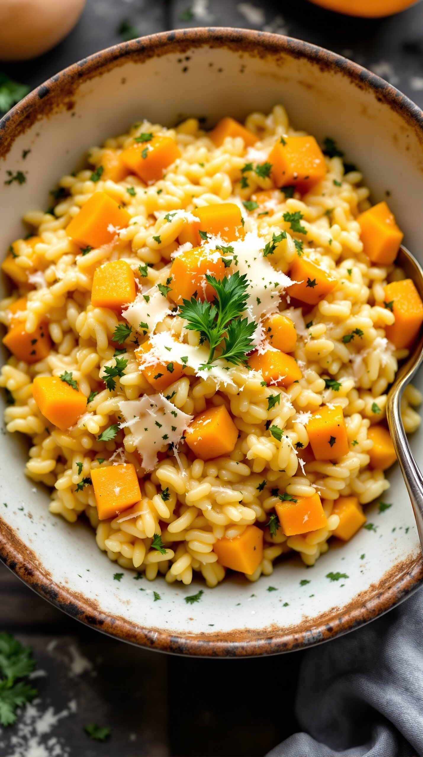 A bowl of creamy butternut squash risotto topped with parsley and Parmesan cheese.