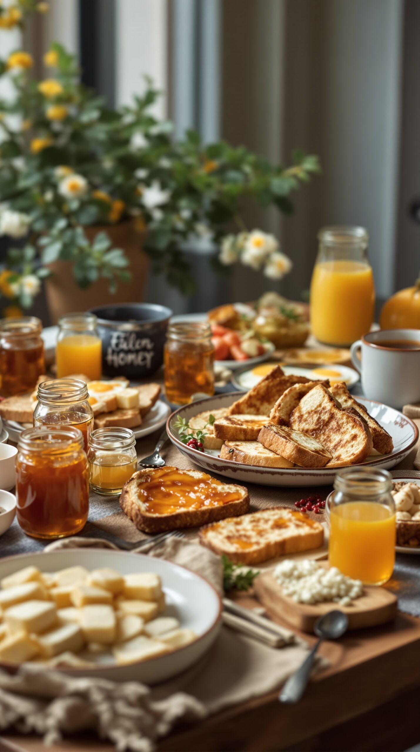 A beautifully arranged English breakfast table featuring toast, marmalade, cheeses, fresh fruits, and drinks.