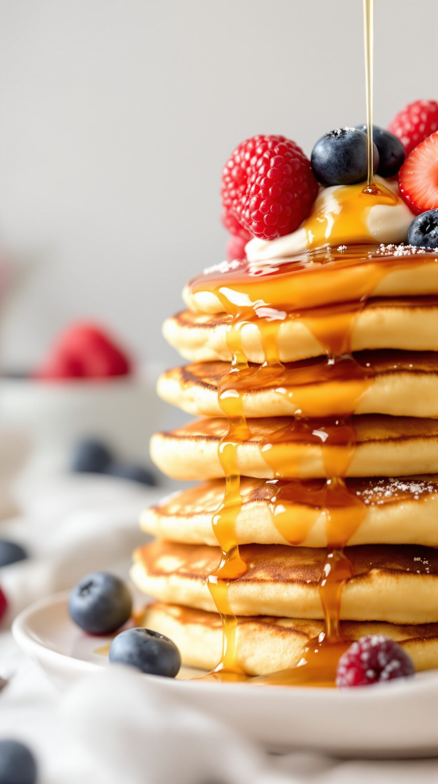 A stack of fluffy pancakes topped with syrup and fresh berries.