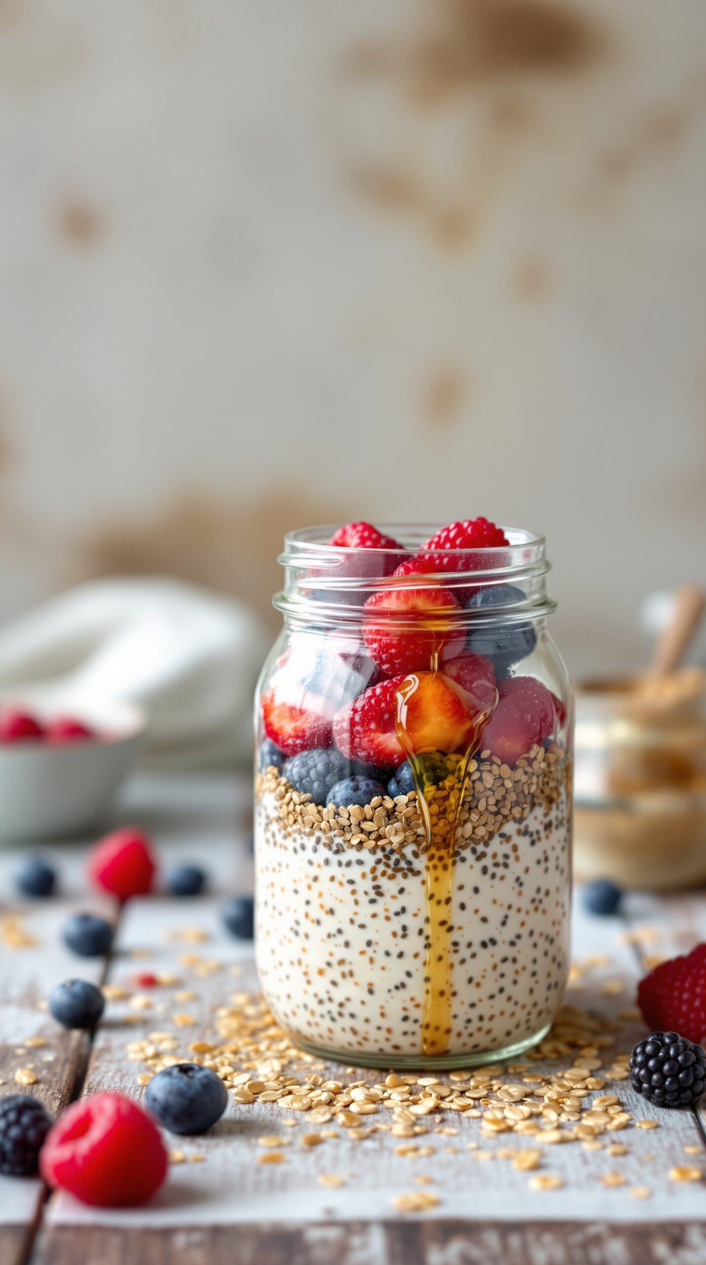 A jar of overnight oats with chia seeds topped with fresh berries and honey