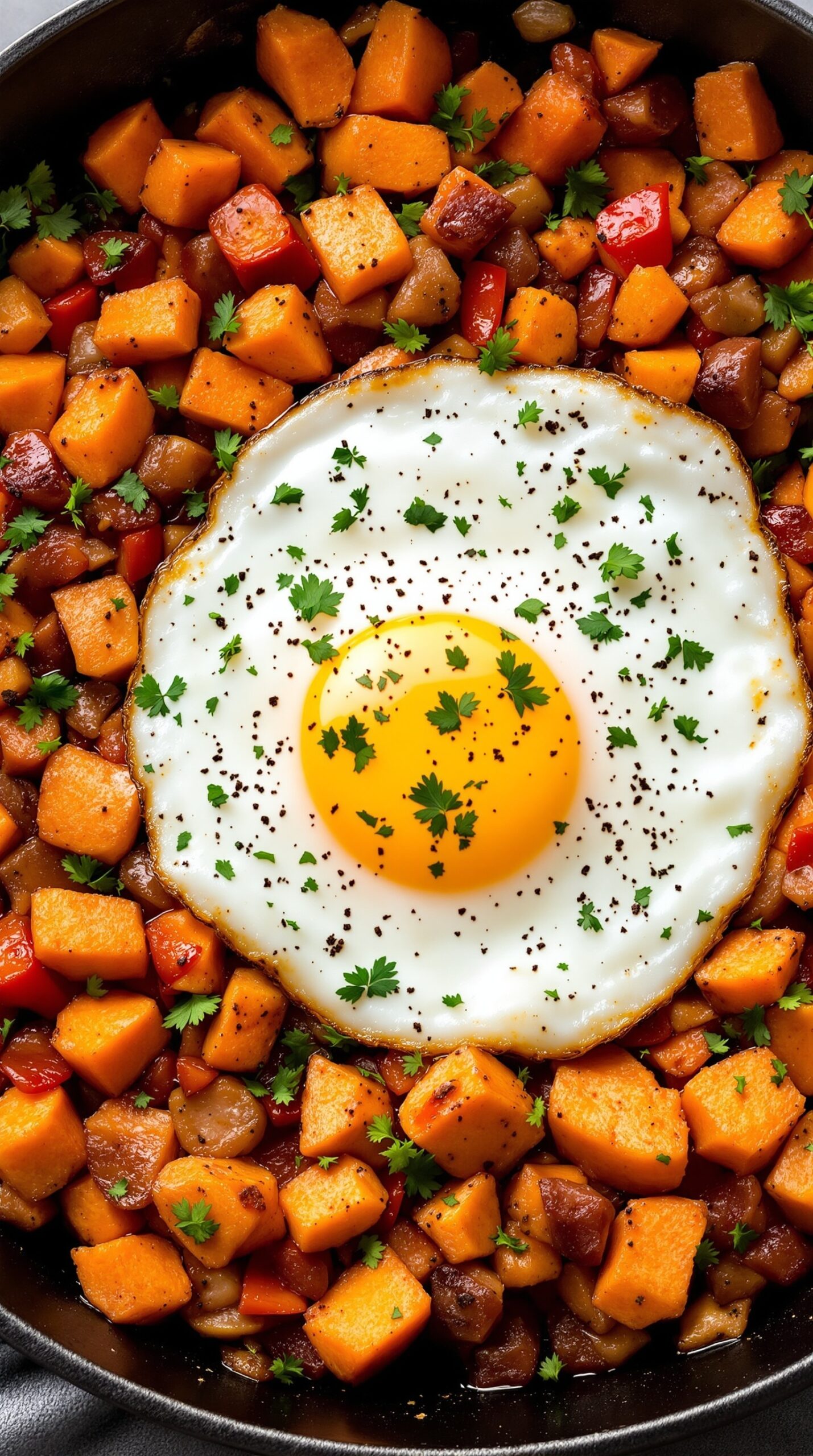 A colorful savory breakfast hash with sweet potatoes, topped with a fried egg and garnished with parsley.