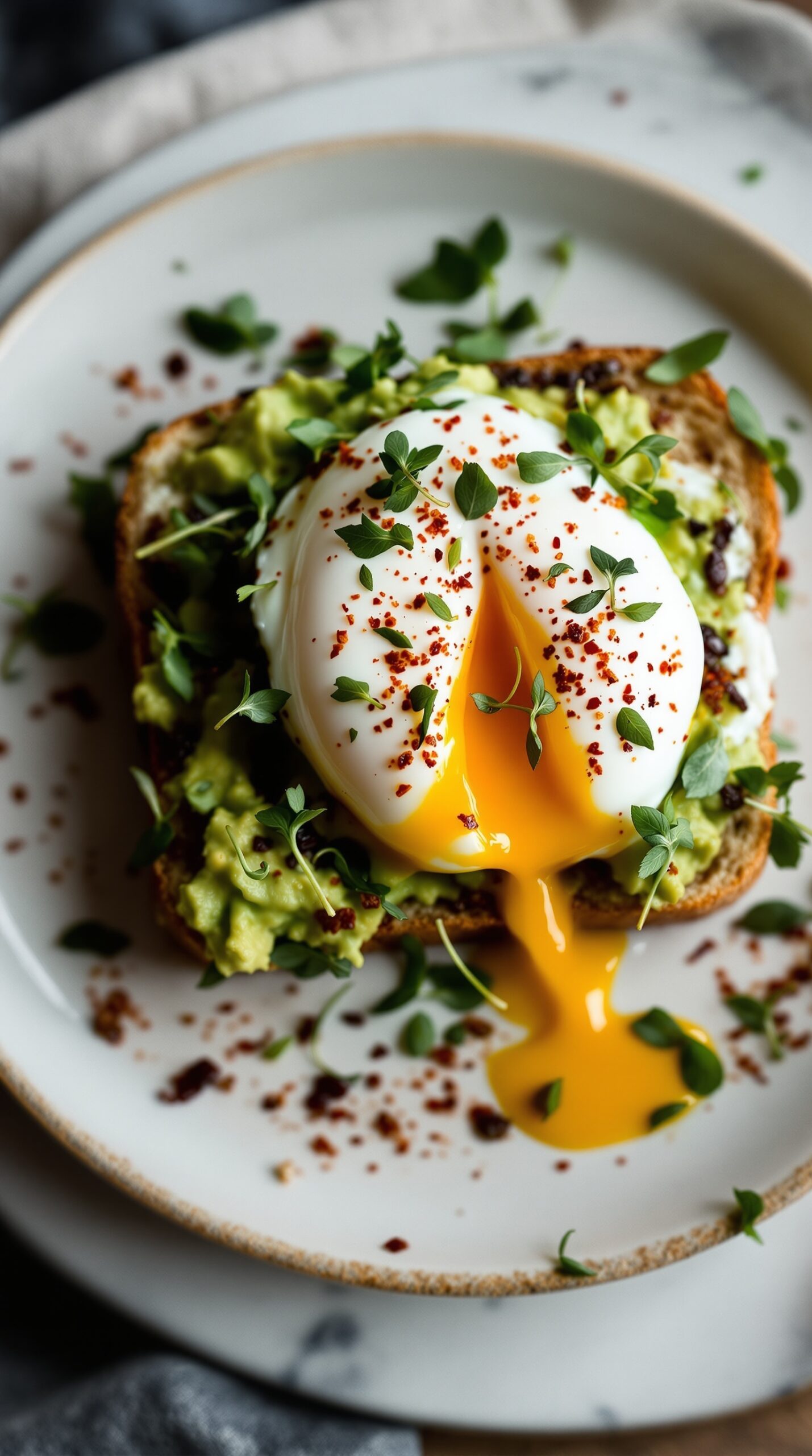 A plate of avocado toast topped with a poached egg, garnished with herbs and chili flakes.