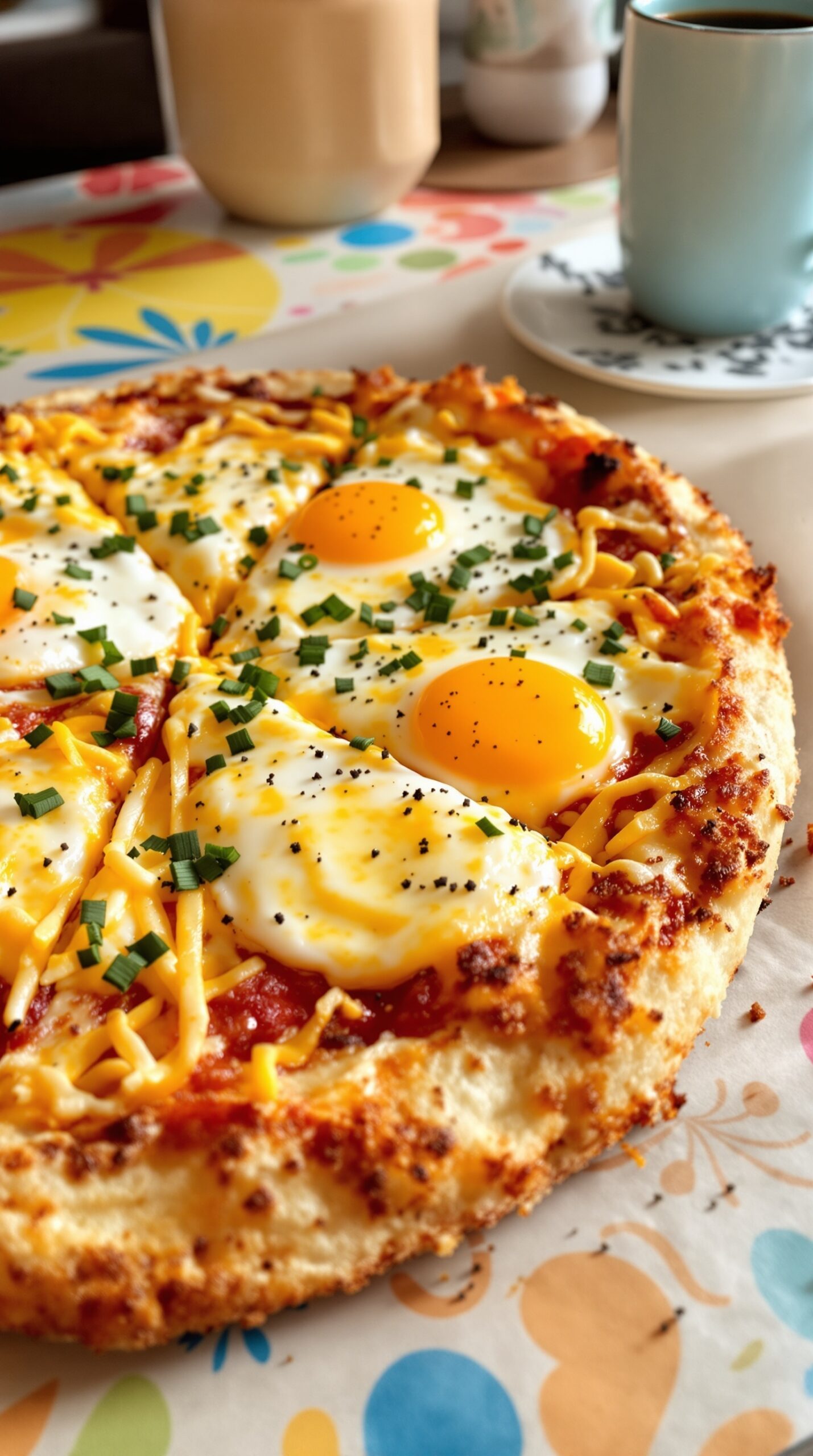 A delicious breakfast pizza topped with eggs, cheese, and chives on a colorful table.