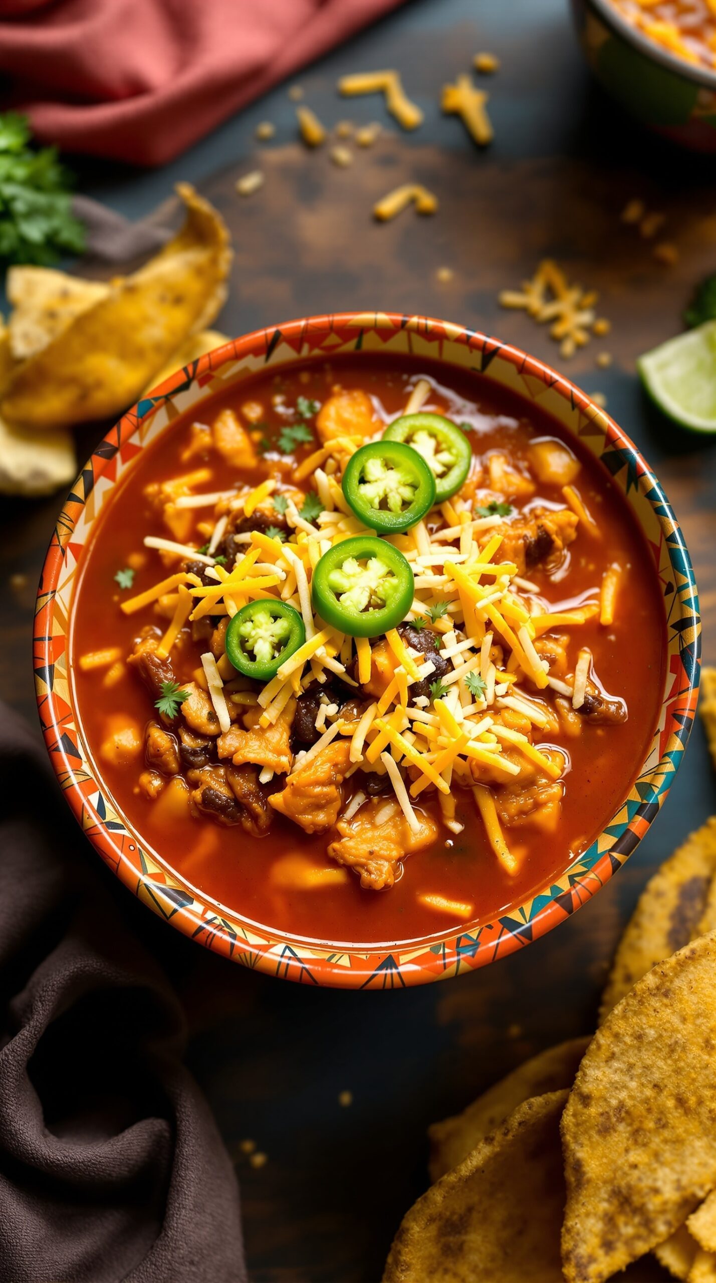A colorful bowl of spicy chicken taco soup topped with cheese and jalapeños, served with tortilla chips.