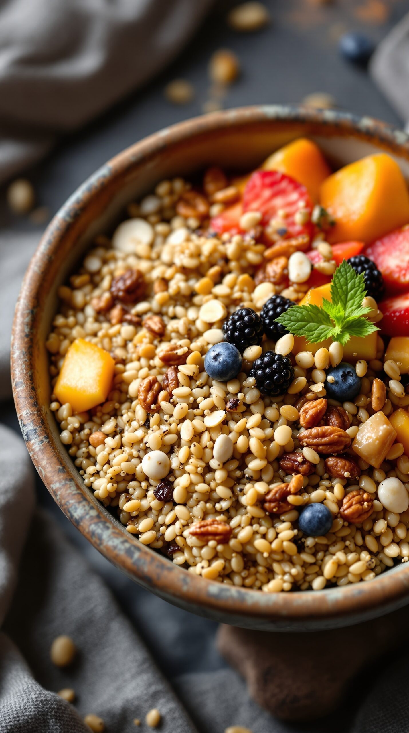 A colorful quinoa breakfast bowl with fruits and nuts