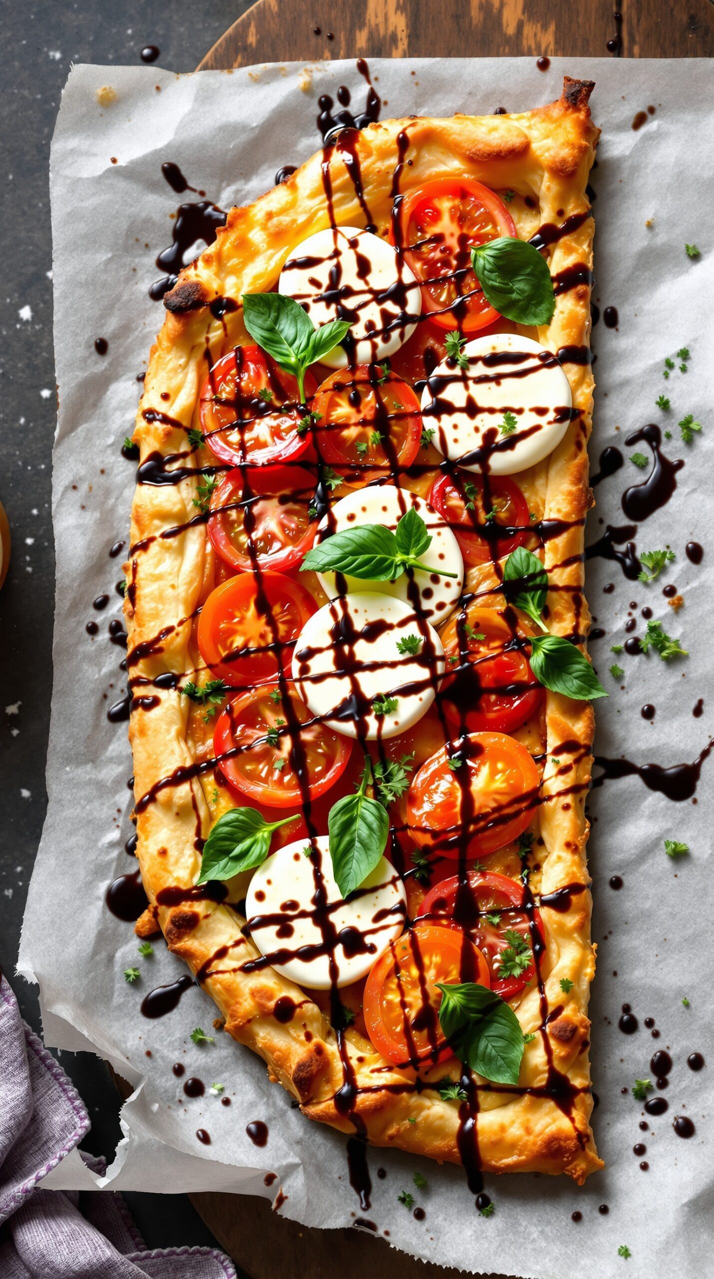 A delicious Tomato and Basil Breakfast Tart with fresh ingredients and a balsamic glaze drizzle.
