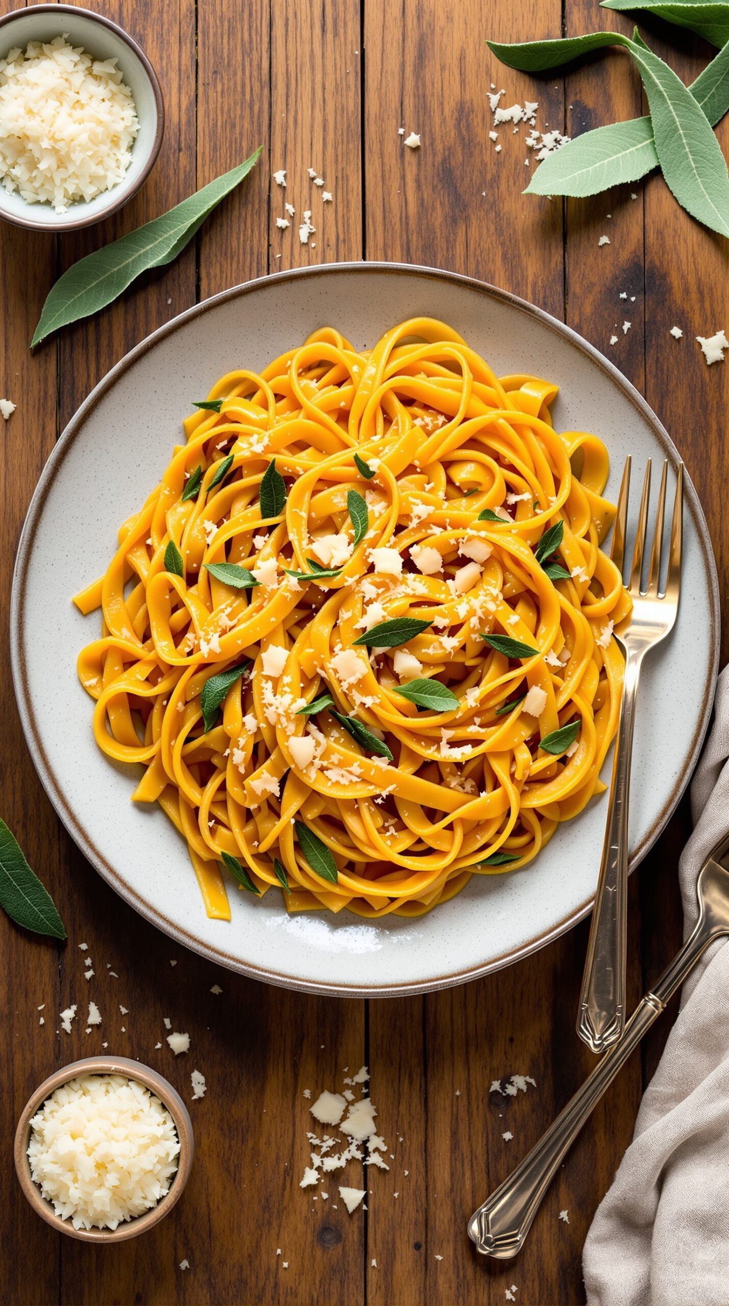 A plate of butternut squash pasta topped with fresh sage and grated cheese.