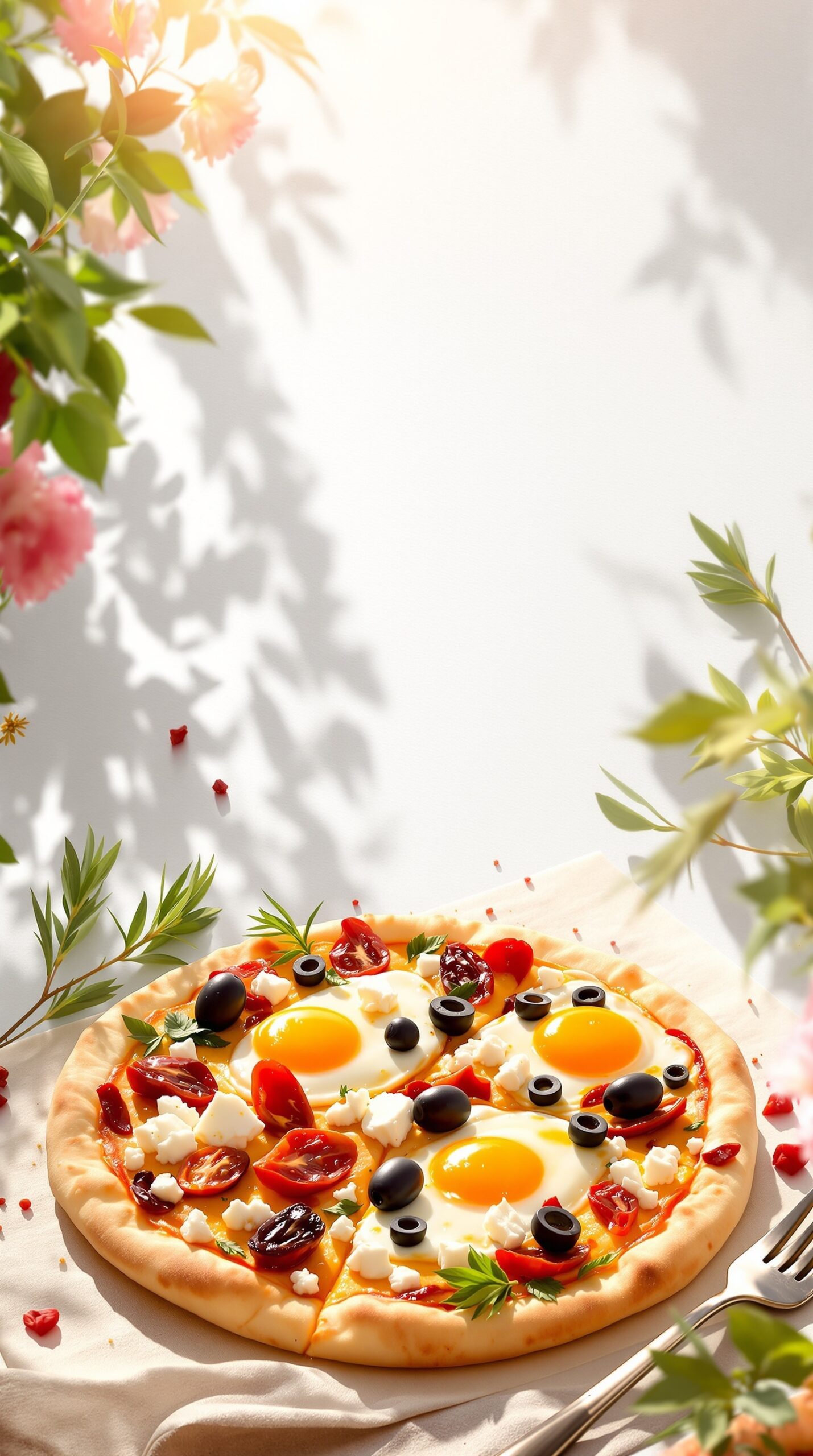 A Mediterranean breakfast pizza topped with eggs, feta, olives, and tomatoes.