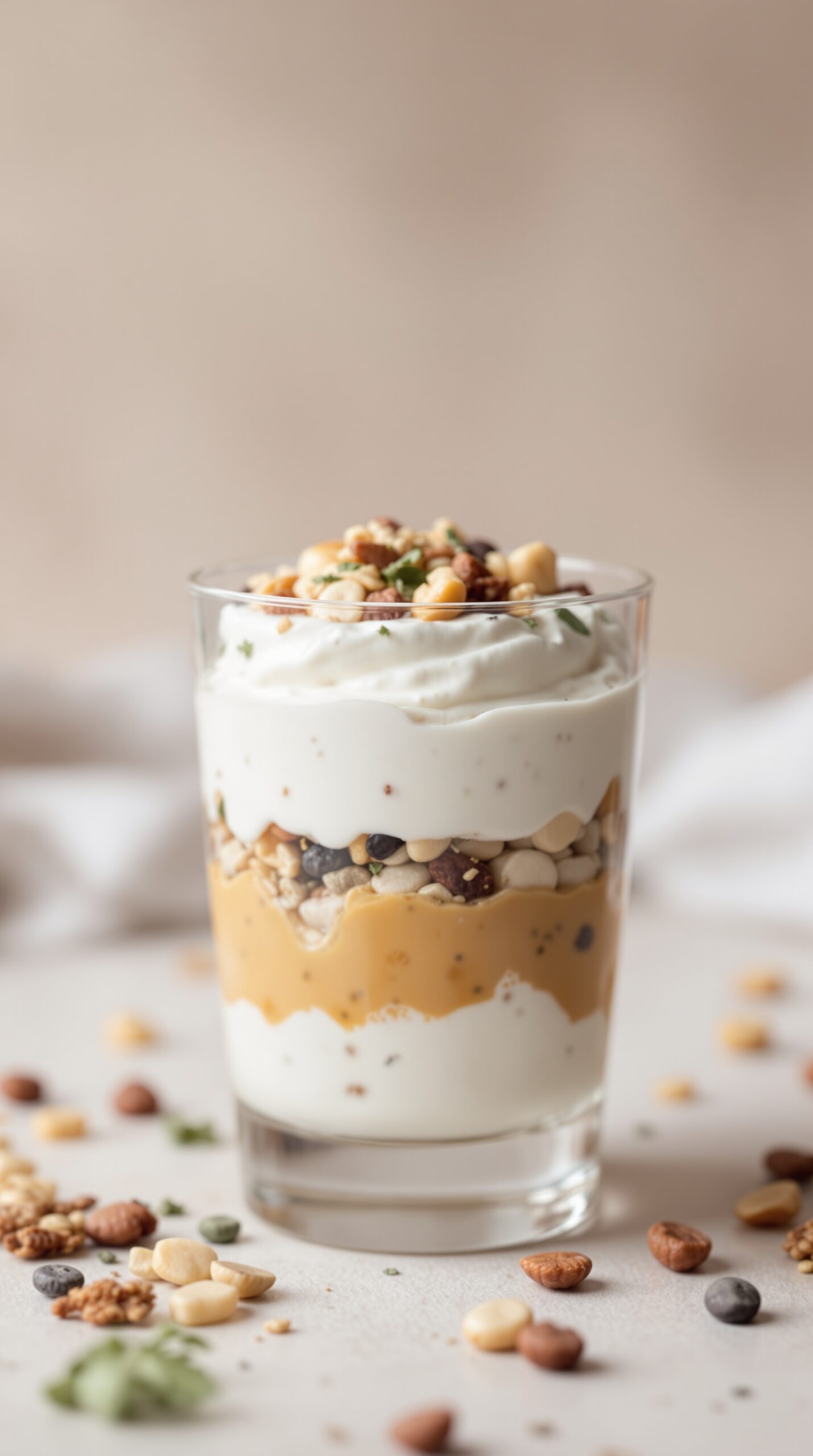 Savory yogurt parfait layered with nut butter, nuts, and seeds in a glass.