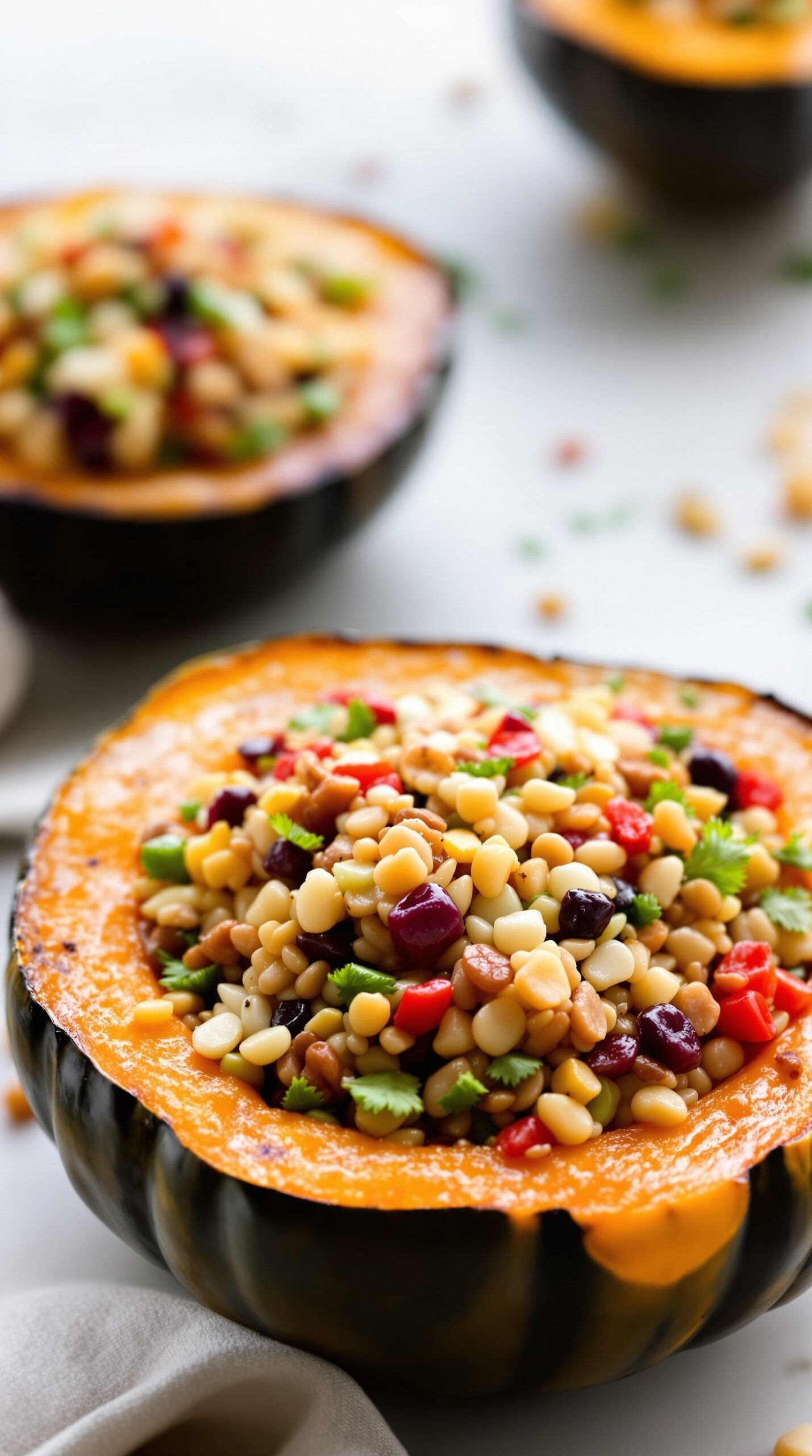 Acorn squash filled with a colorful mixture of grains and vegetables.