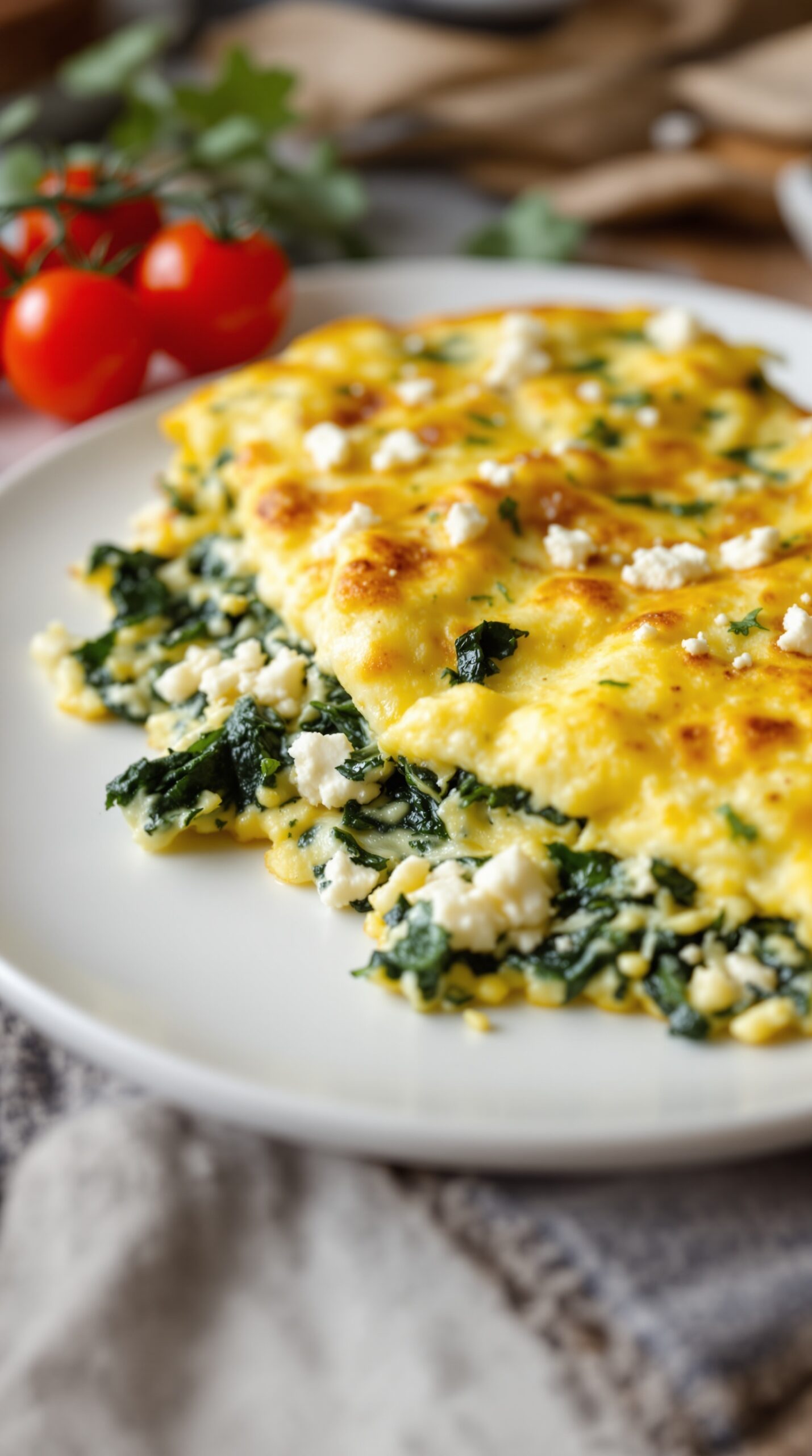 A delicious spinach and feta omelette served on a plate with fresh tomatoes.