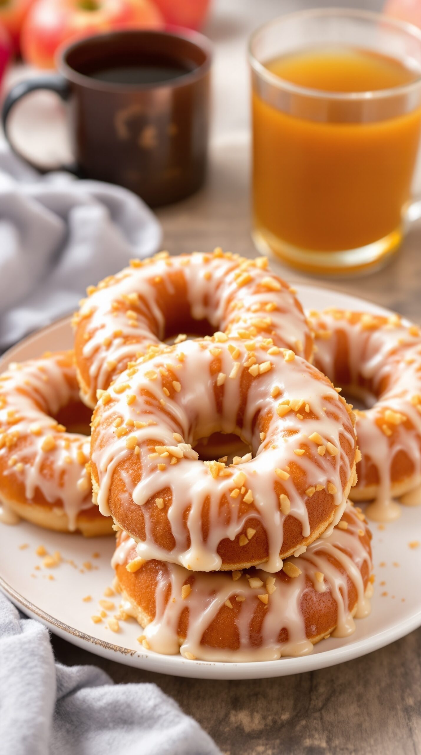A plate of apple cider donuts topped with glaze and nuts, with a cup of apple cider in the background.