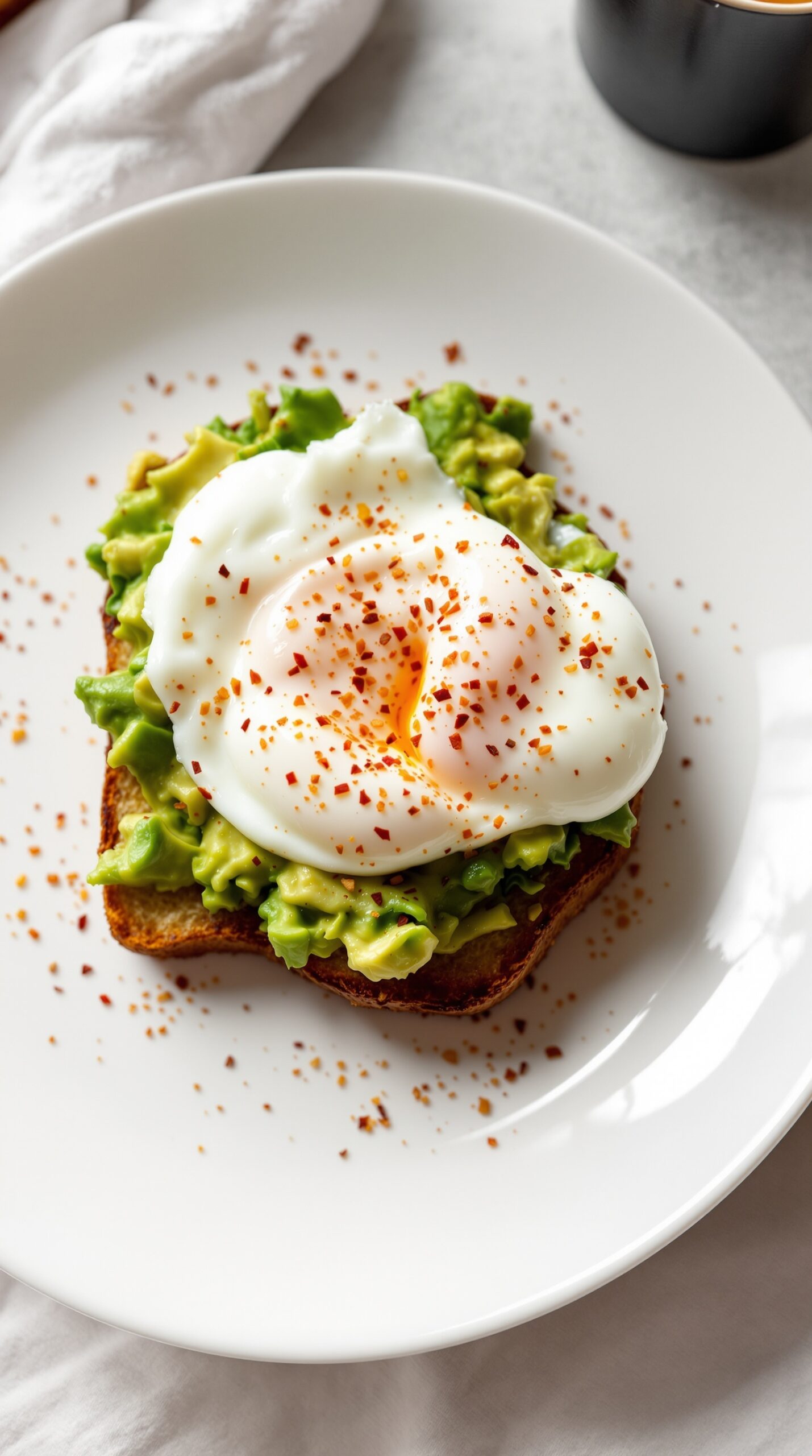 A plate of avocado toast topped with a poached egg and red pepper flakes.