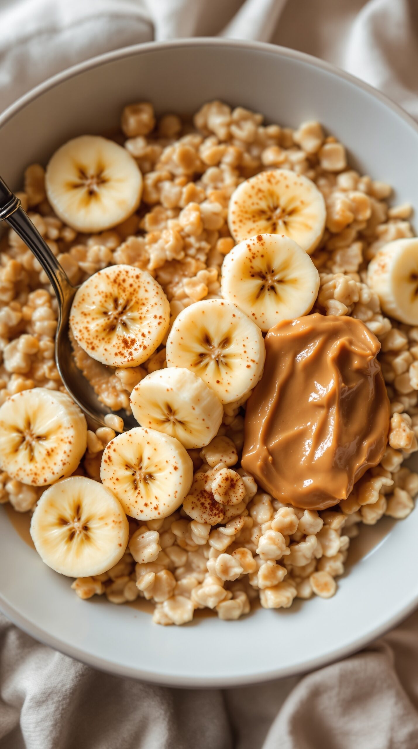 A bowl of peanut butter banana oatmeal topped with banana slices and a dollop of peanut butter.