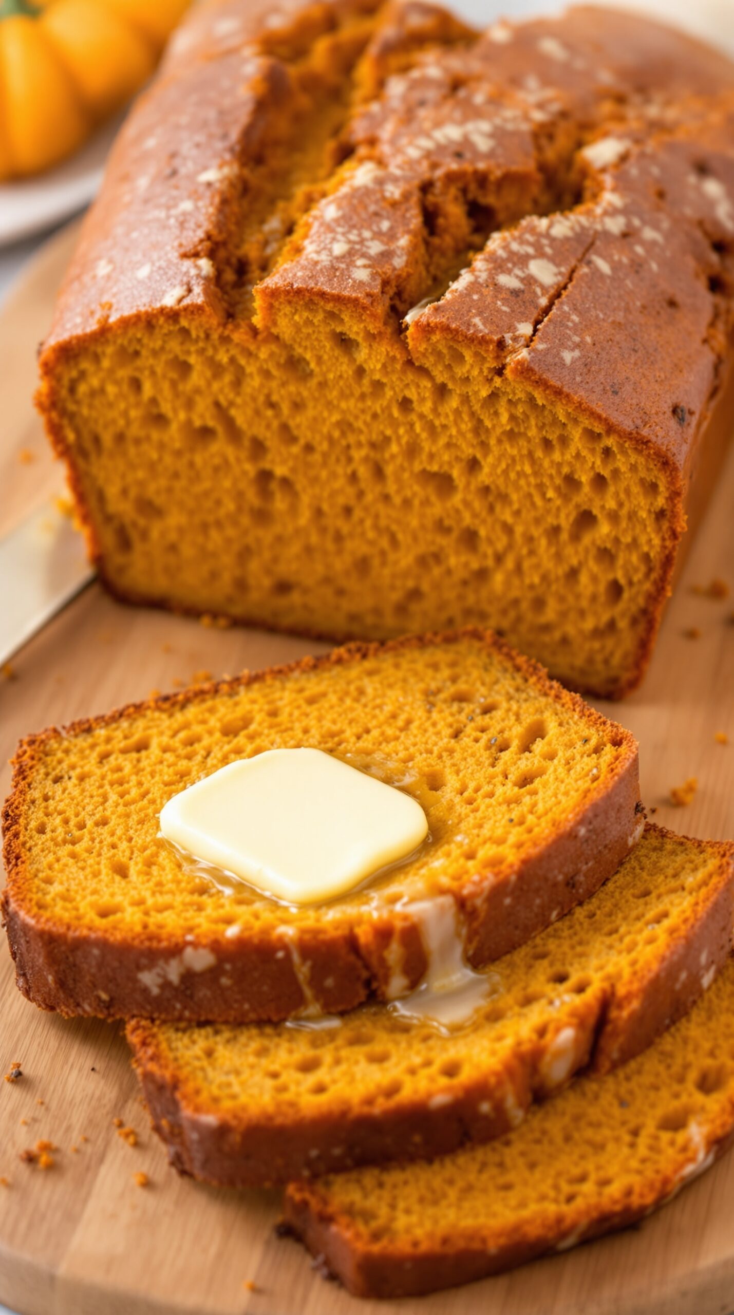 A loaf of butternut squash bread with slices showing a pat of butter on top.