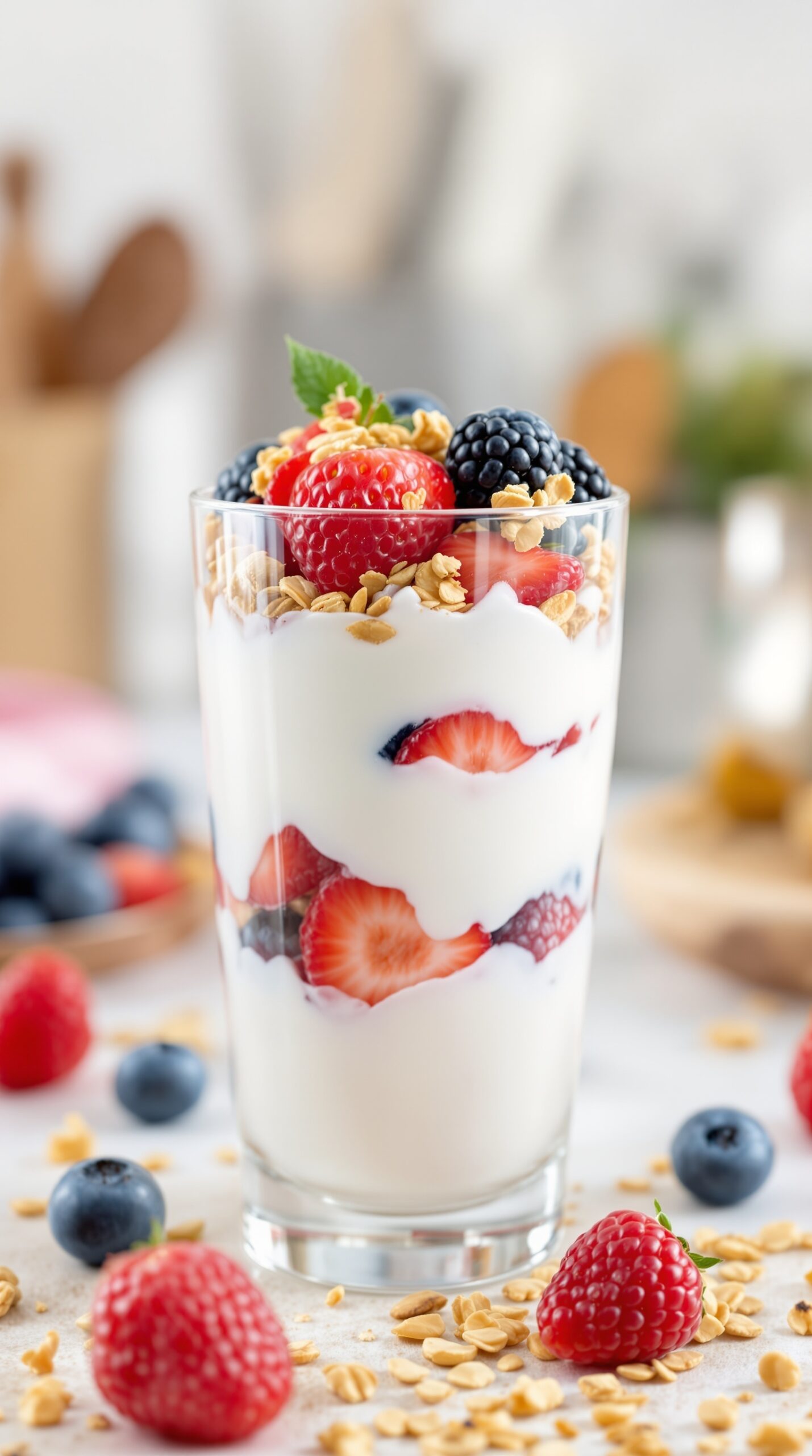 A Greek yogurt parfait layered with berries and granola in a glass