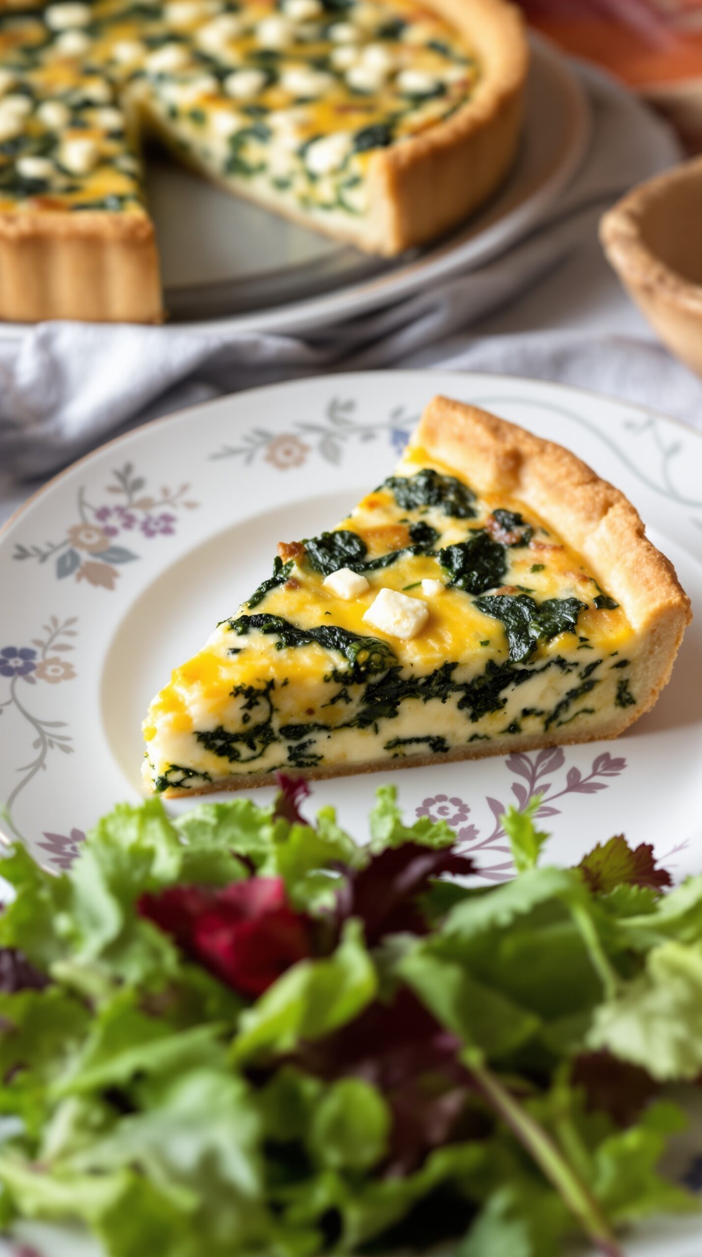 A slice of spinach and feta quiche on a floral plate with a side of mixed greens.