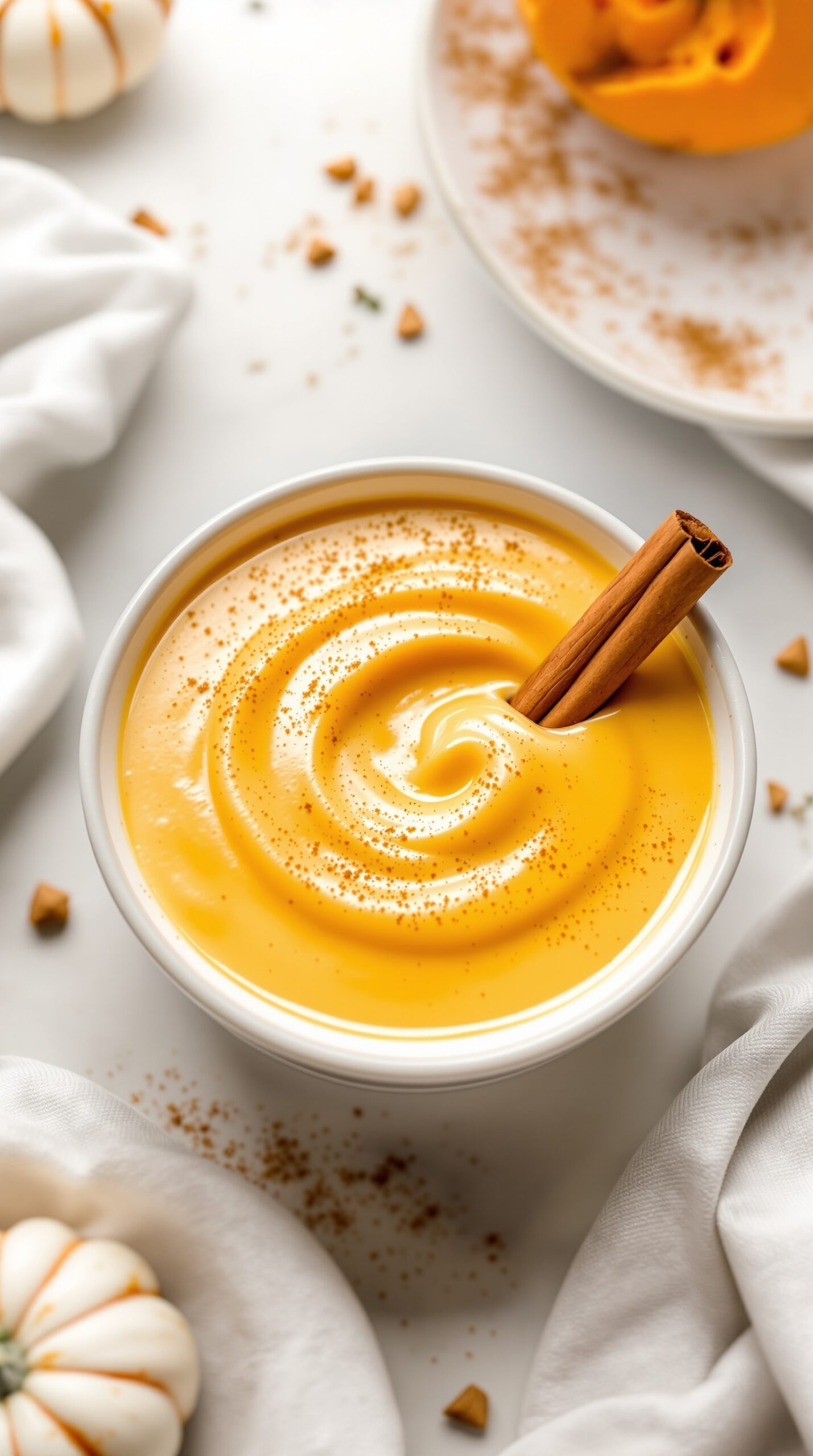A bowl of creamy pumpkin custard topped with a cinnamon stick and nutmeg, surrounded by small pumpkins and a soft cloth.