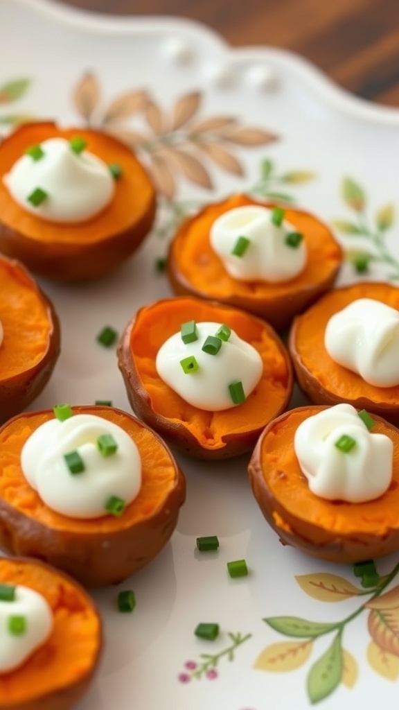 Savory sweet potato bites topped with sour cream and chives on a decorative plate.