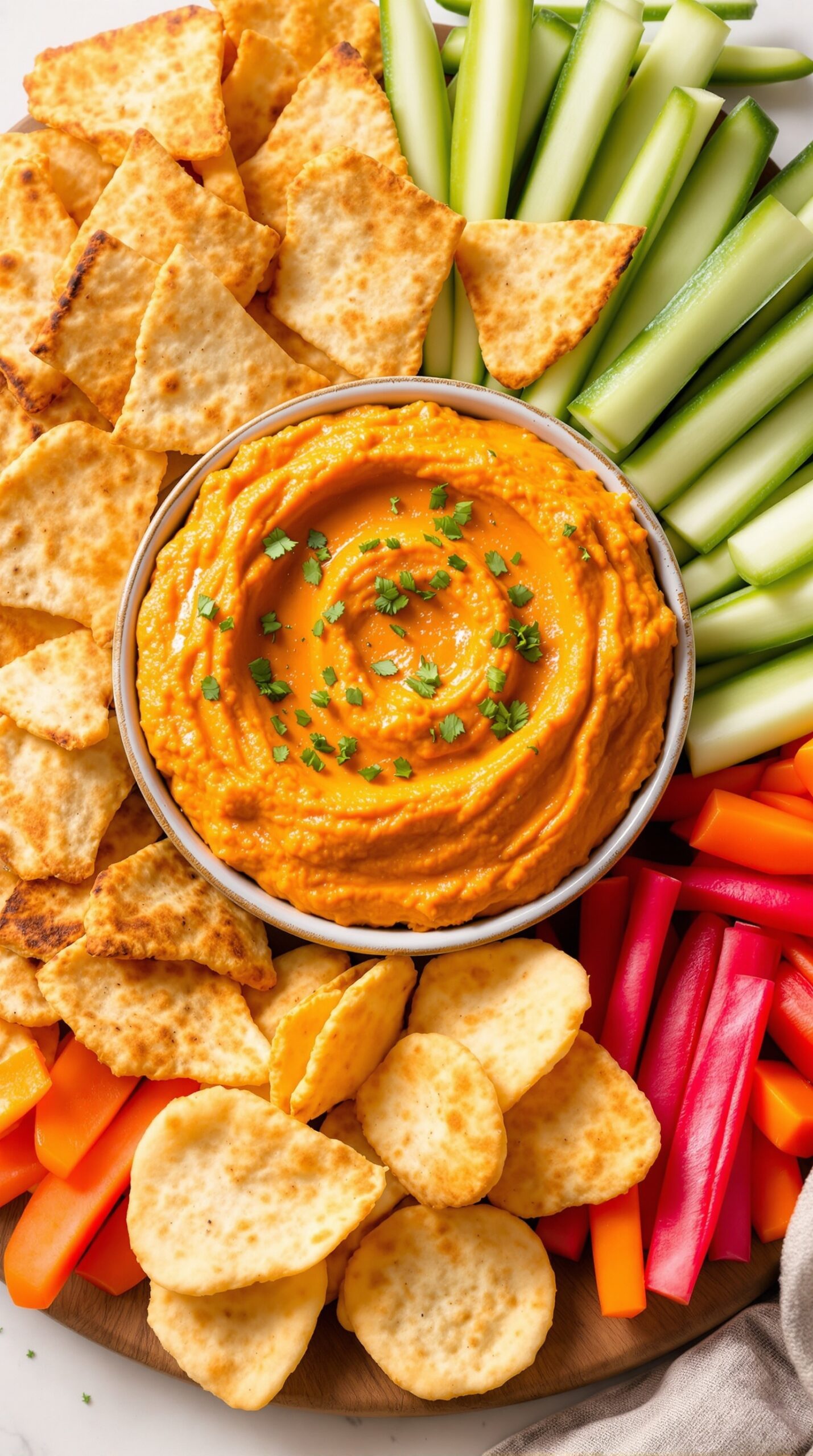 A colorful platter featuring roasted red pepper hummus surrounded by pita chips and fresh vegetables.
