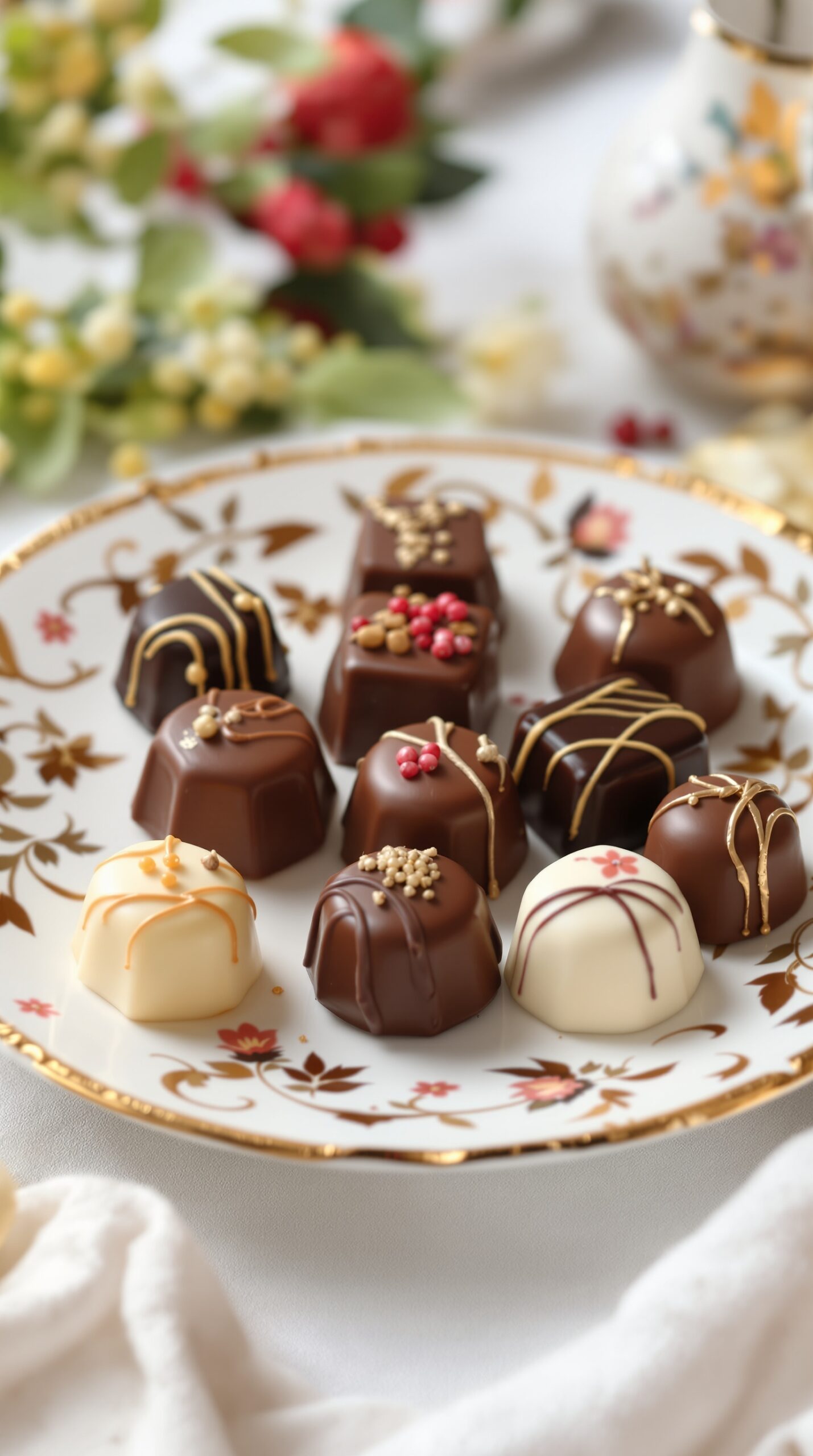 A plate of assorted gourmet chocolates with decorative toppings.