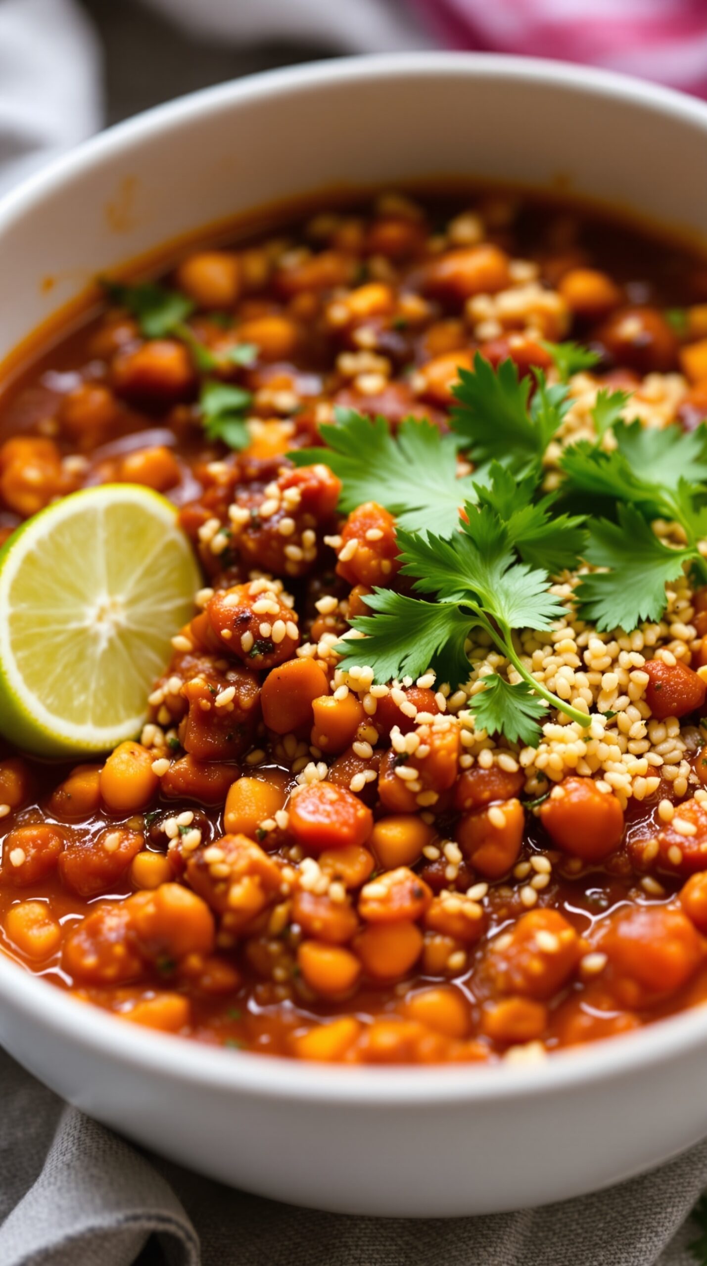 A bowl of spicy vegan chili with quinoa, topped with cilantro and lime.