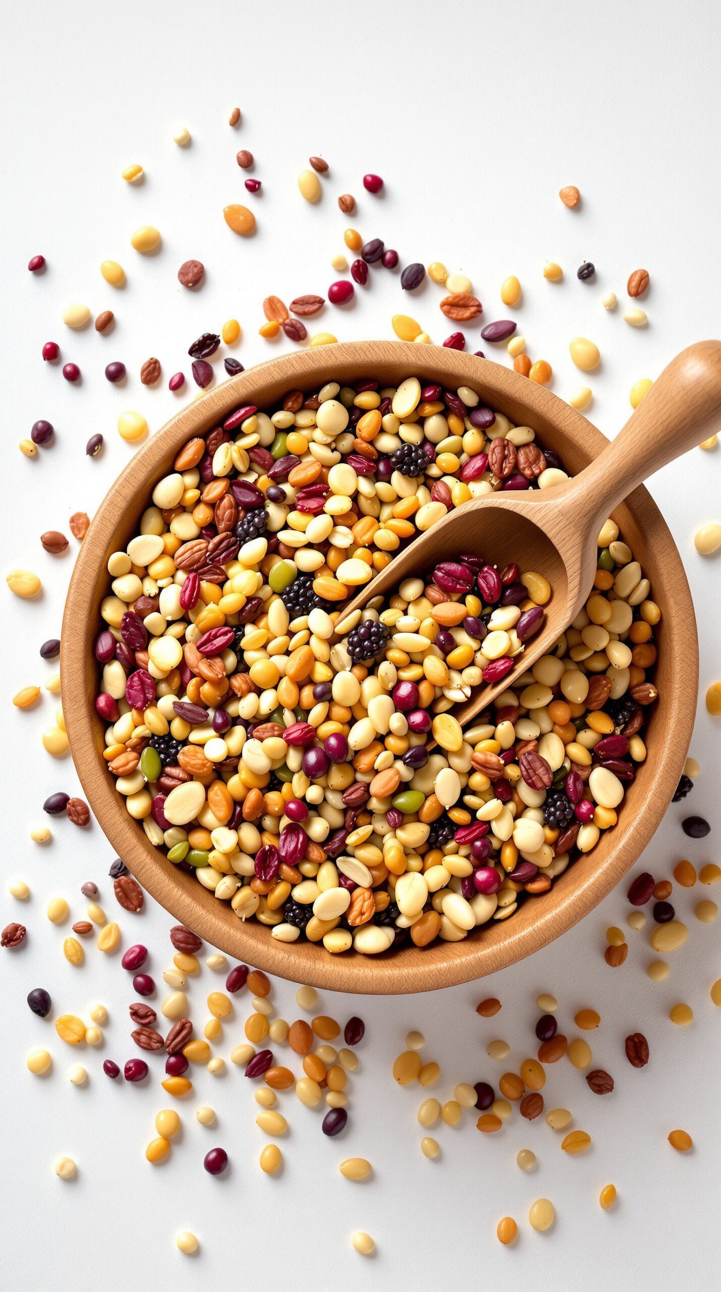 A wooden bowl filled with a colorful assortment of nuts and dried fruits, with some scattered around.