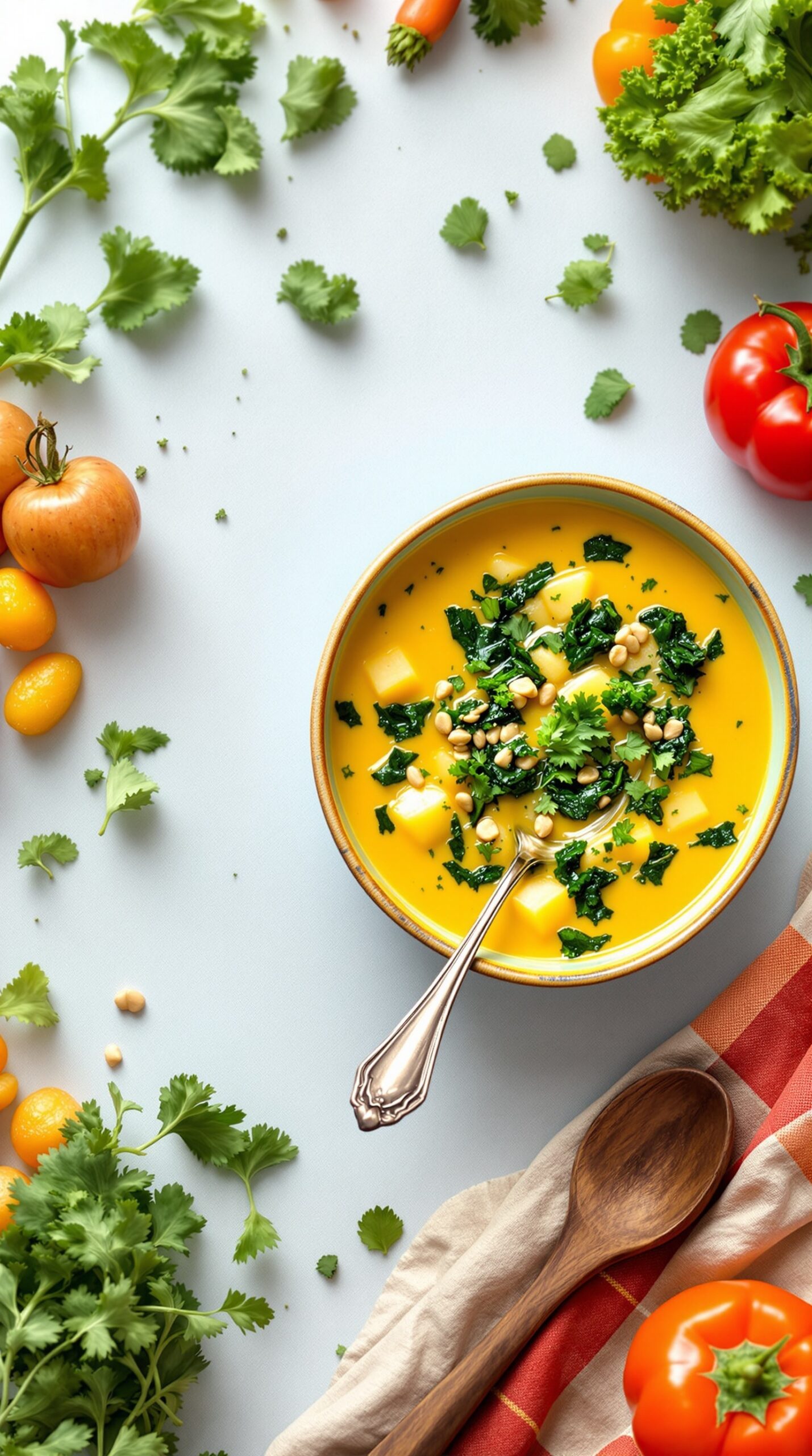 A bowl of vegan potato soup with kale, garnished with pine nuts and fresh herbs, surrounded by colorful vegetables.