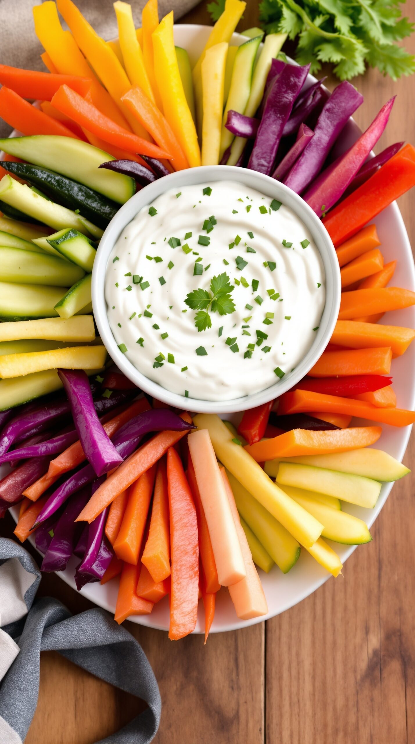 A colorful platter of veggie sticks including carrots, cucumbers, and bell peppers, served with a bowl of tzatziki dip.