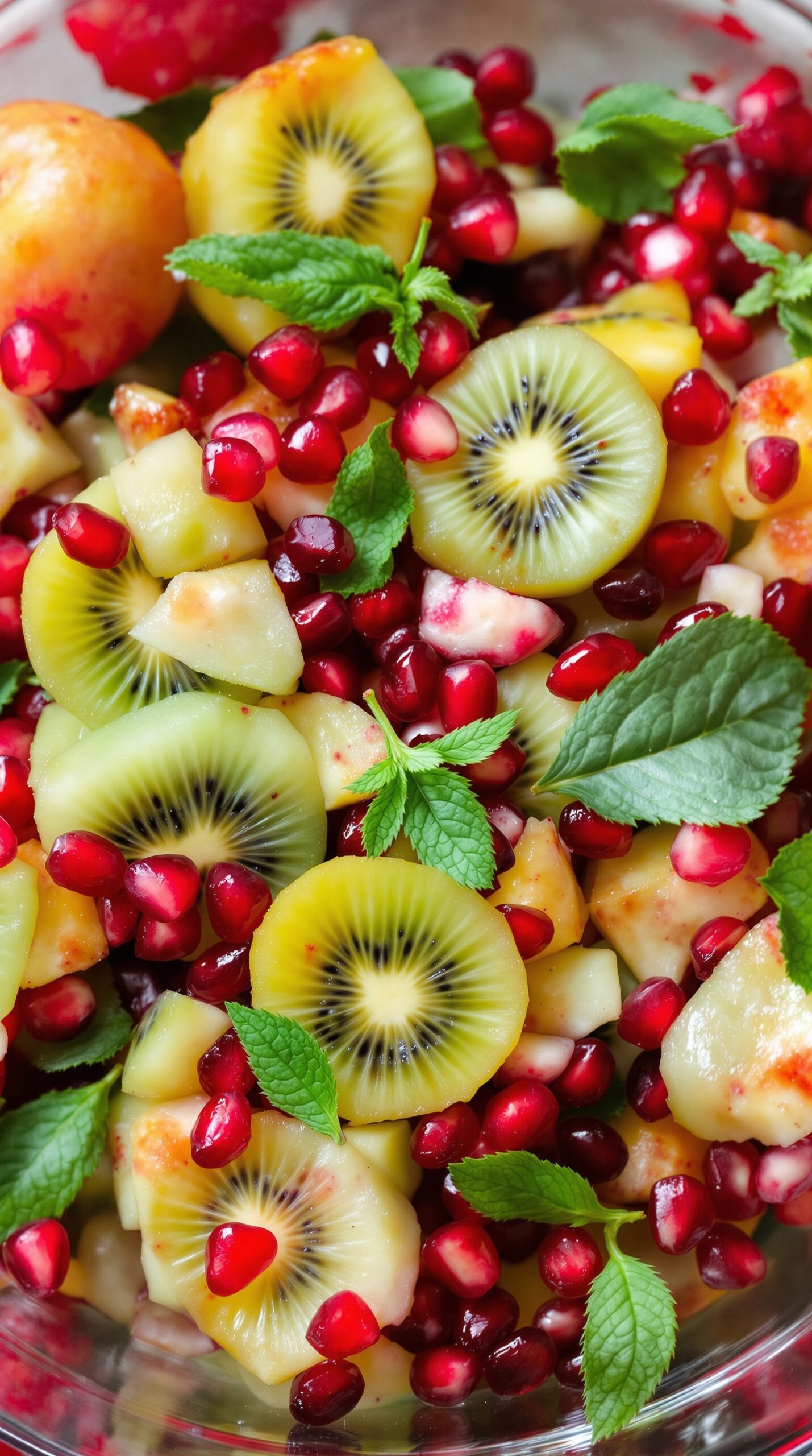 A colorful holiday fruit salad with kiwi, pomegranate seeds, and mint leaves.